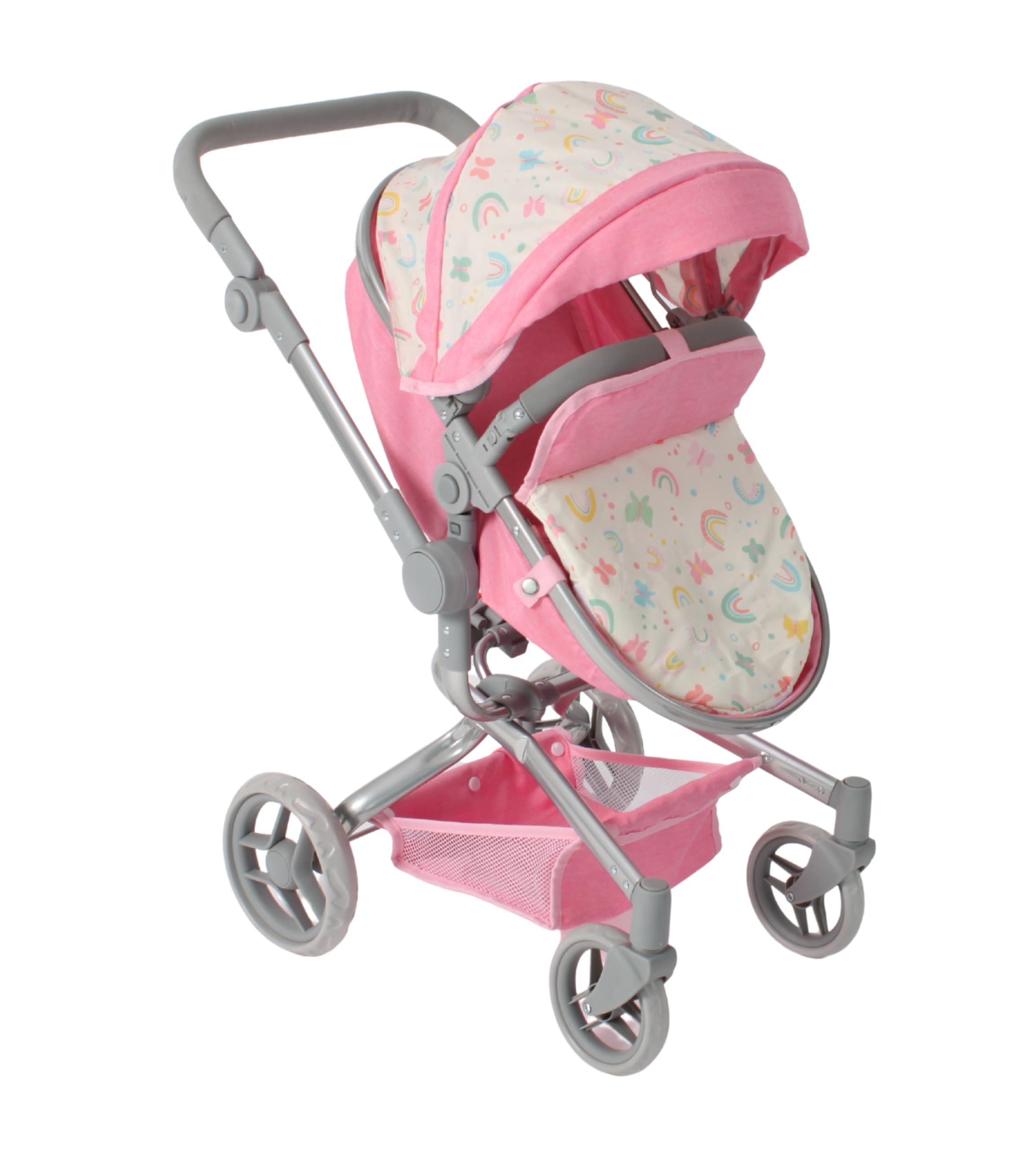 Bayer Chic 2000 Puppenwagen Yolo | 2in1 Schwenkschieber Kombi Regenbogen | Großer 2in1 Kombi-Puppenwagen mit Schwenkschieber & wendbarem Sitz. Regenbogen Rosa, flexibler Griff 46-82 cm.