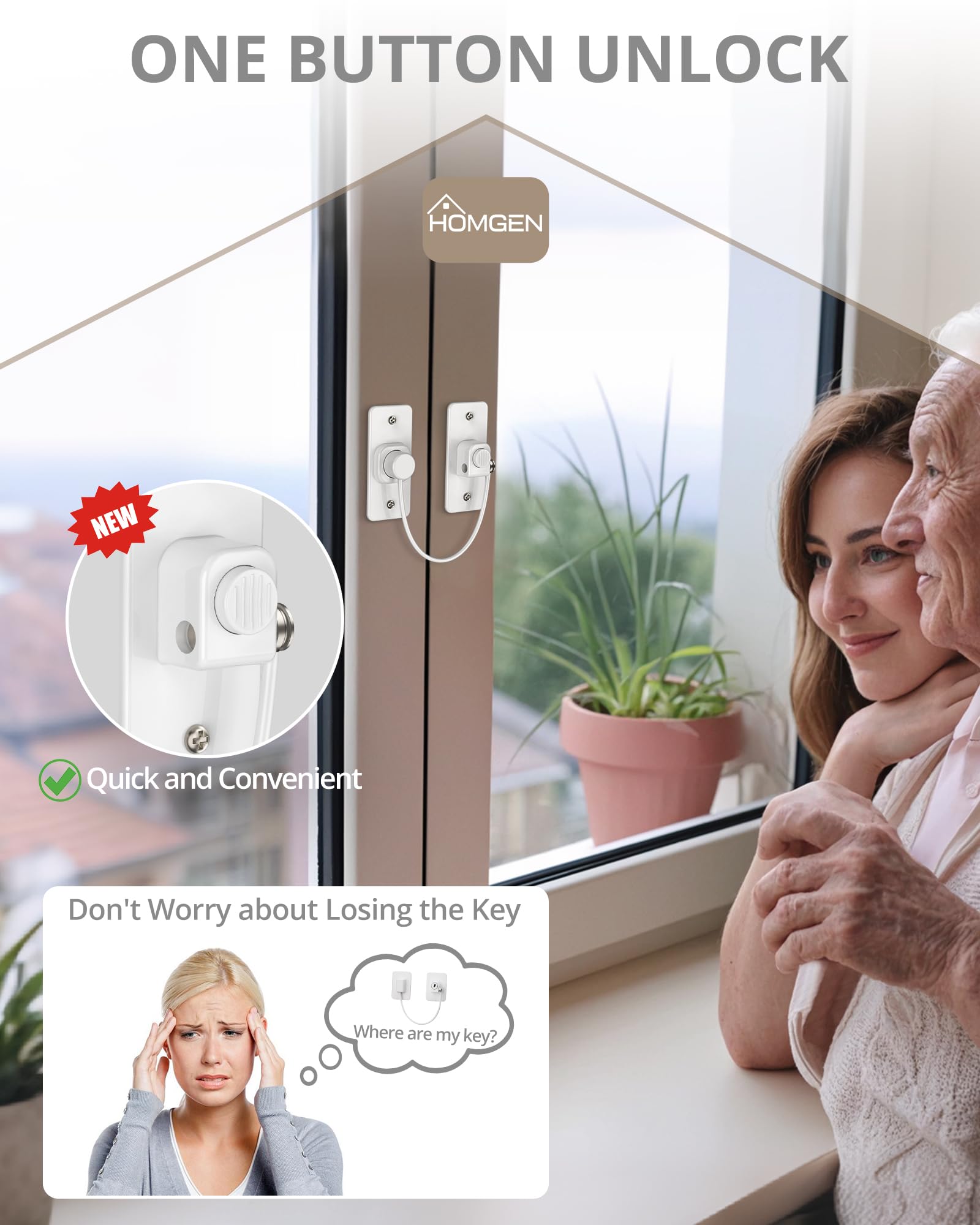 HOMGEN Confezione da 20 serrature per finestre senza foratura, per finestre in UPVC, chiusura a bottone di sicurezza per bambini, resistenti, autoadesive, 2 vie, installazione per UPVC, legno, telaio