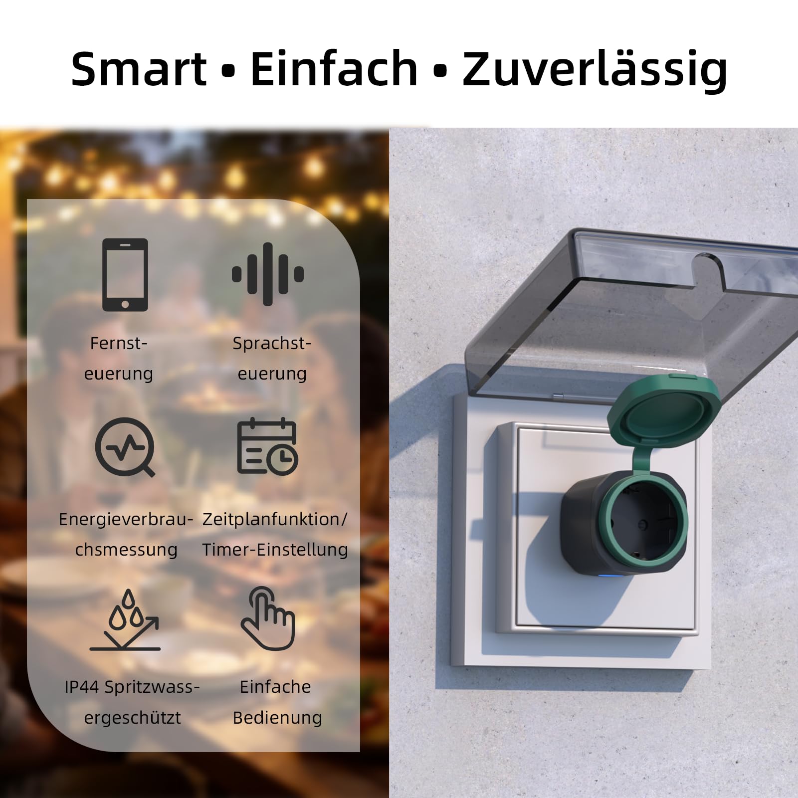 Presa Wi-Fi per esterni, presa intelligente con misurazione della corrente, funzione timer, presa esterna impermeabile IP44, supporta telecomando, compatibile con Alexa e Google Home (nero, confezione