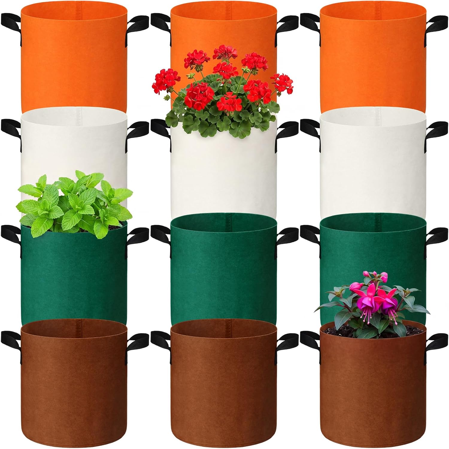Sanwuta 12 Pack 5 Gallon Grow Bags, Thickened Nonwoven Fabric Pots with Sturdy Handles, Colorful Heavy Duty Plant Bags for Garden, Vegetables, Flowers Growing Containers (Brown, Green, White, Orange)