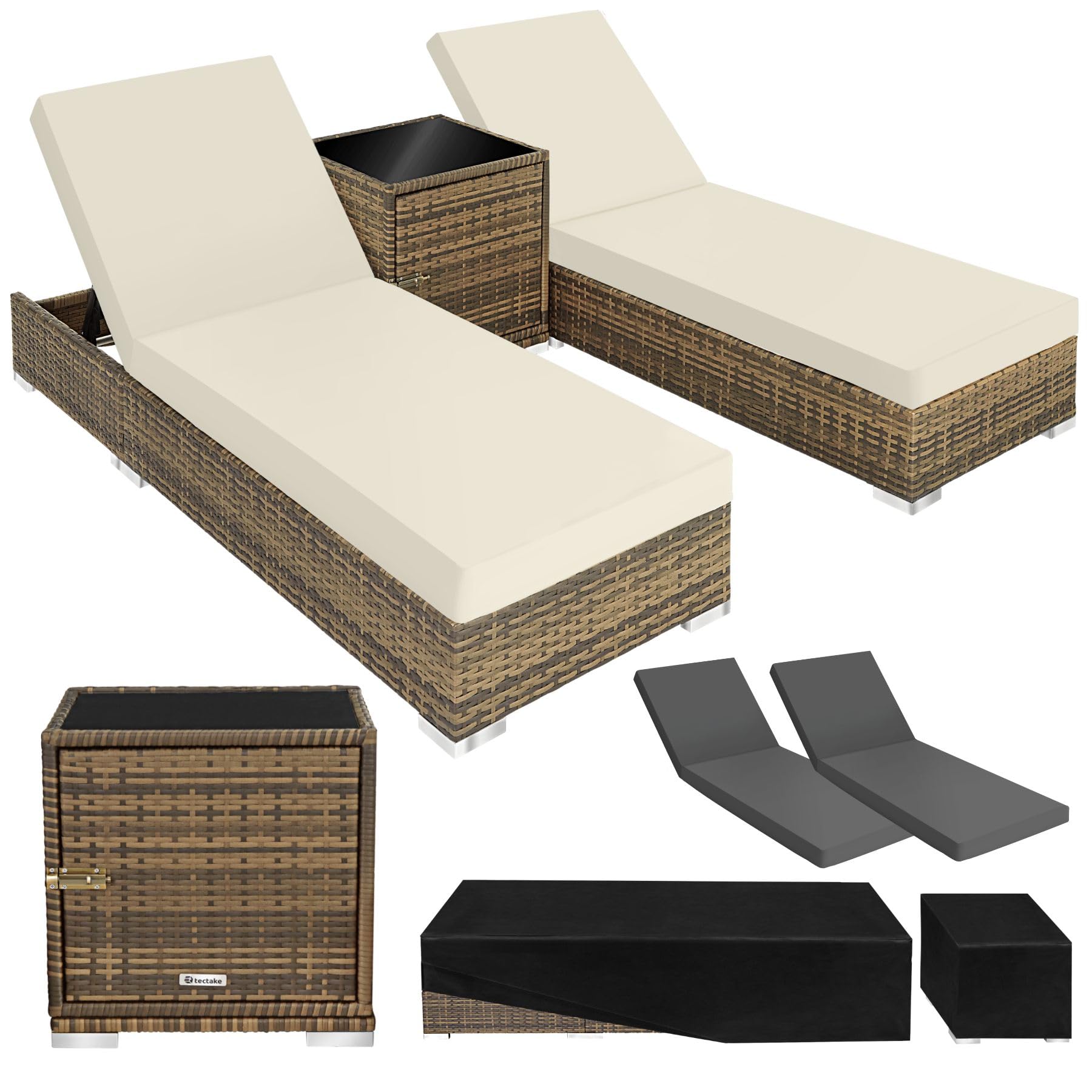 TecTake® Set 2 Tumbonas de Ratán y Aluminio + Mesa Jardín, Tumbonas Piscina Respaldo Regulable, Tumbonas Playa Resistente a la Intemperie, Fácil Limpieza, Funda Protectora - marrón