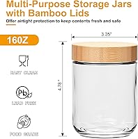 Vista 2 de Encheng Tarros de vidrio de 16 onzas con tapas, recipientes de avena nocturna con tapas de bambú, frascos Mason de vidrio de boca ancha, recipientes