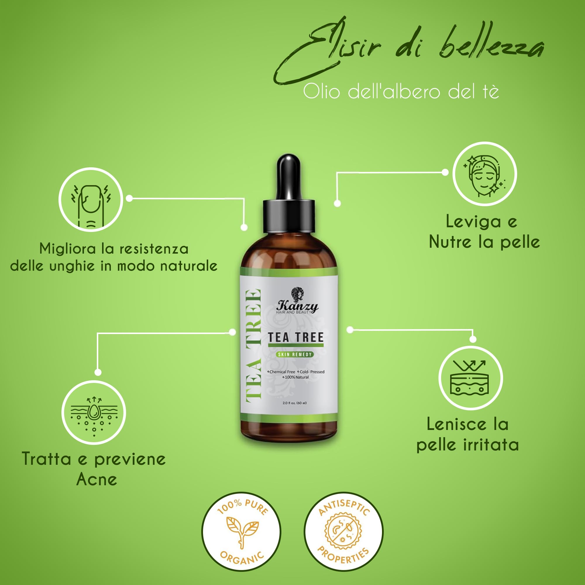Kanzy Tea Tree Oil 60ml Olio di Albero Del Tè per Viso, Corpo, Unghie, Capelli e Aromaterapia Diffusore, Olio Essenziale Tea Tree