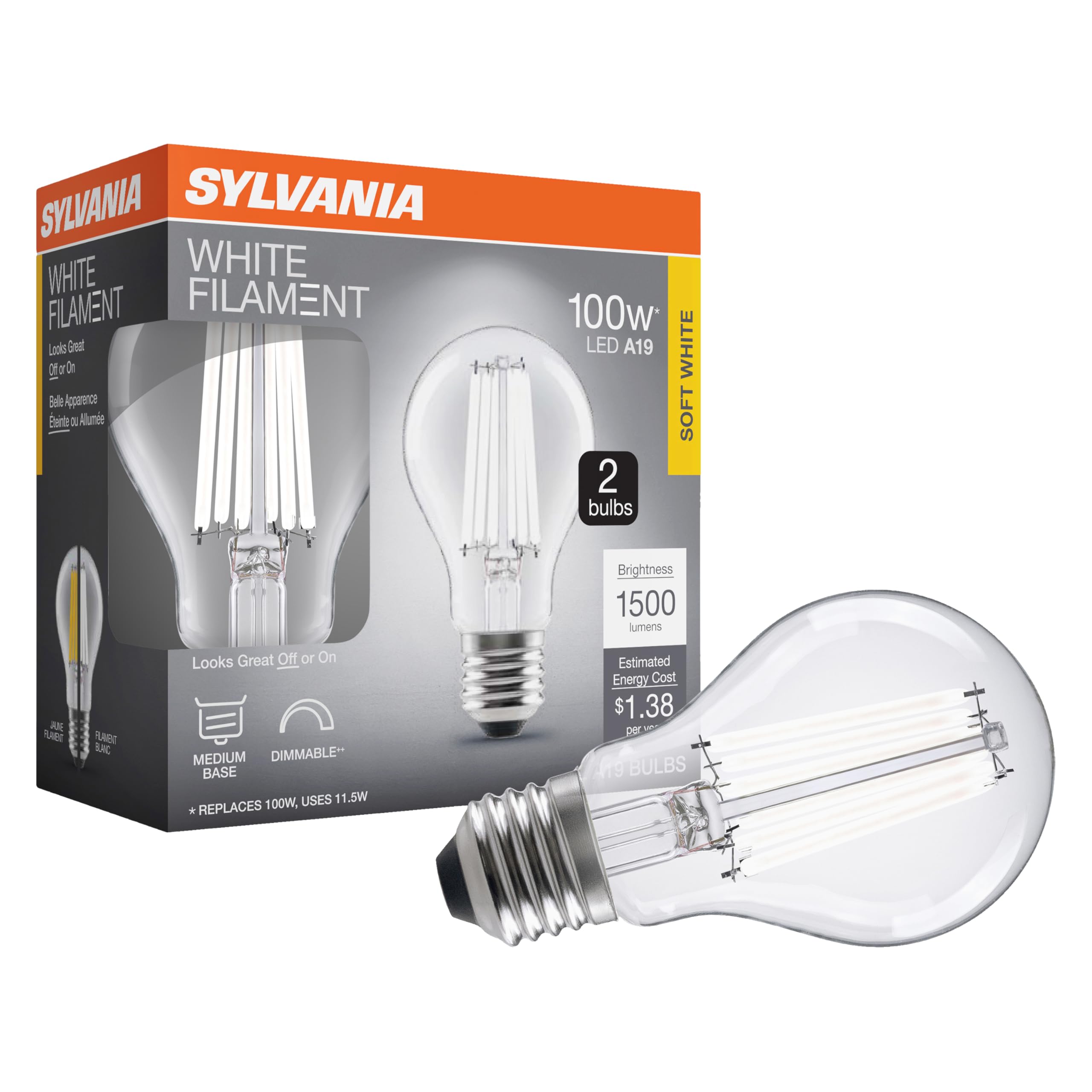 Sylvania A19 Clear LED White Filament Bulb 11 5W Dimmable 1500 LMS Medium Base 2700K Soft White -