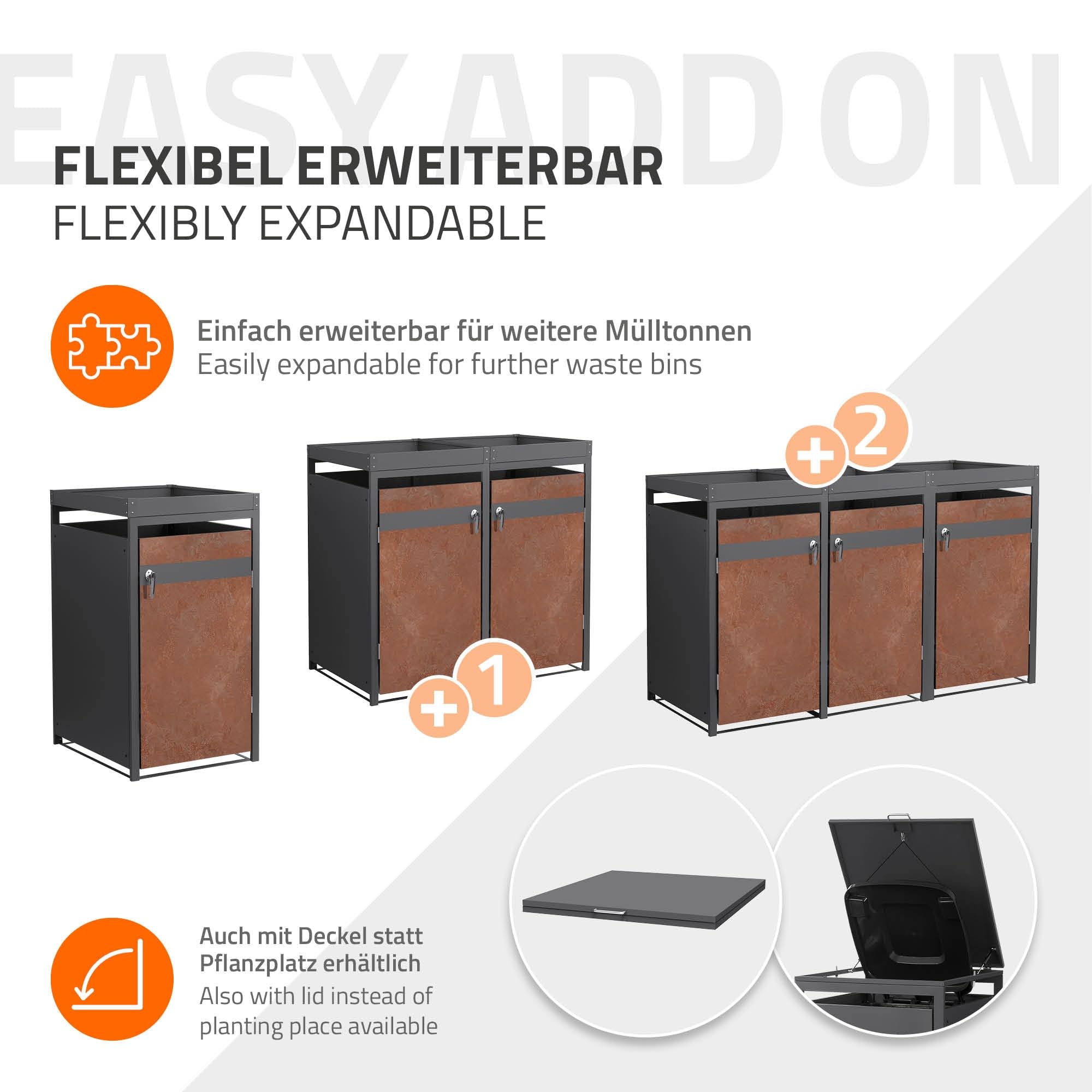 ML-Design Mülltonnenbox 1er 240L mit Pflanzdach, Mülltonnenverkleidung für 1 Mülltonne, Müllbox wetterfest, Mülltonnenhaus aus Stahl, Müllcontainer, abschließbare Tür, 68x80x124 cm Anthrazit-Rostoptik