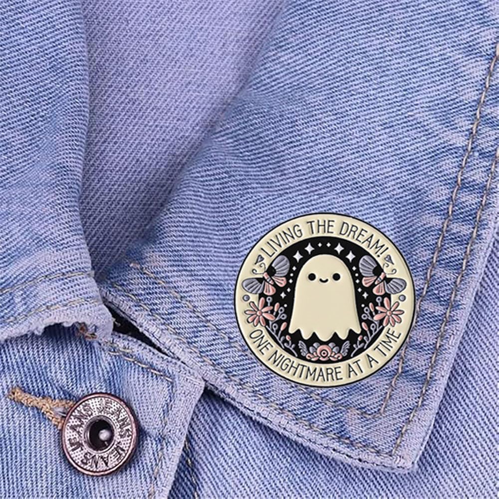 Cykdohy Cute Ghost Enamel Pin - Butterfly Flower Halloween Brooch 'Living the Dream! One Nightmare at a Time' Lapel Pin for Bags Jackets