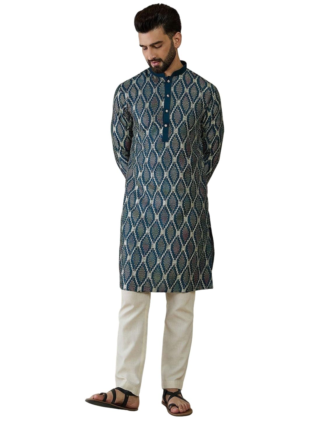 Amazon Brand – Tavasya Men Ethnic Motifs Embroidered Thread Work Straight Length Long Kurta