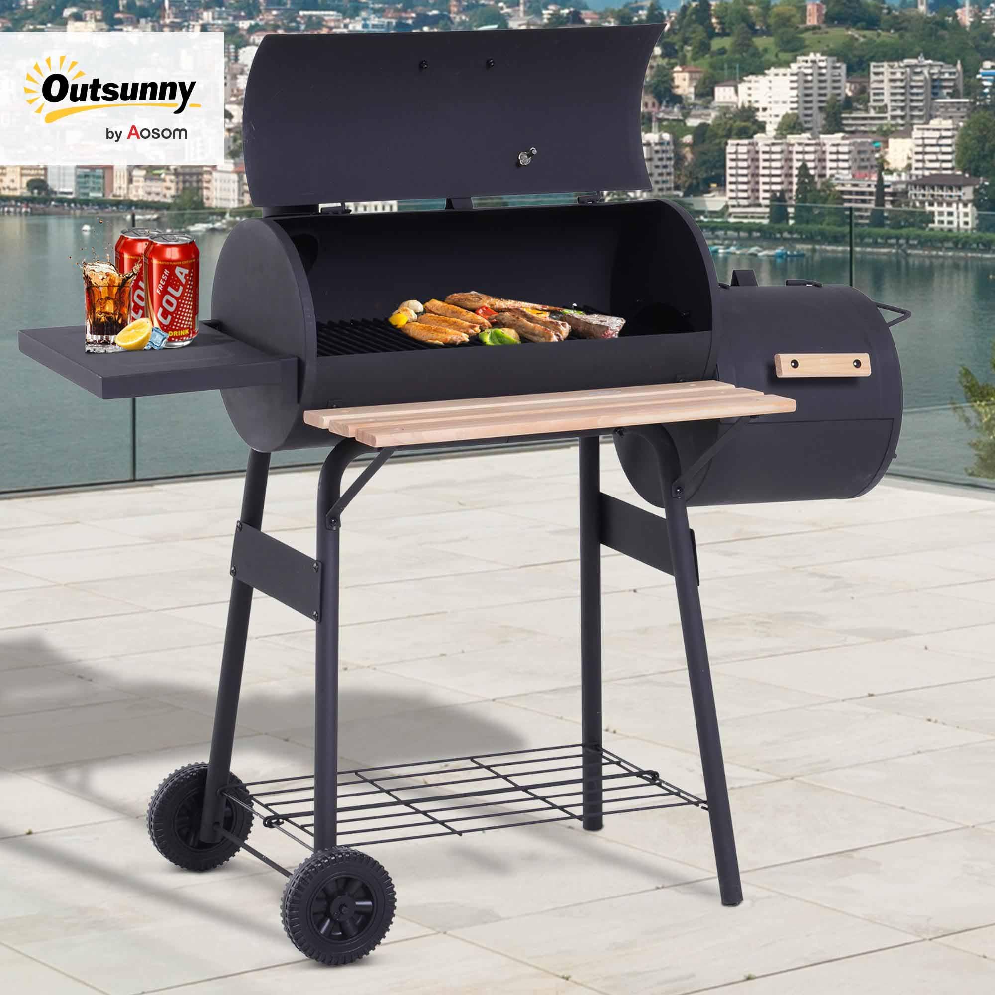 Outsunny Grill na węgiel drzewny grill wędzarniczy na stojąco z pokrywą, kółkami, termometrem, półkami ze stali walcowanej na zimno czarny