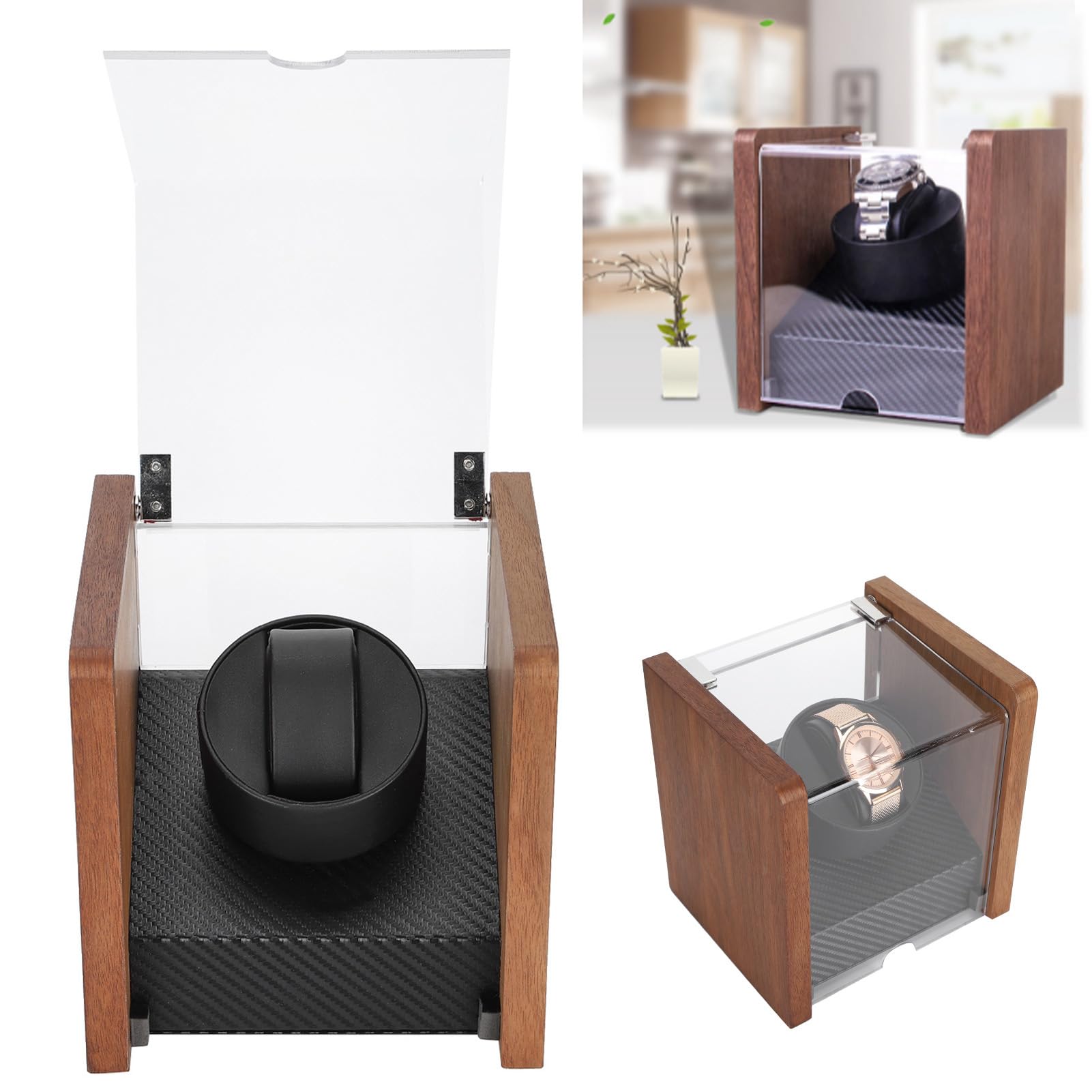 Caja de Exhibición de Reloj, Agitador de Motor de Reloj Limpieza Mecánica No Magnética Nogal con Paño para el Polvo para Colección de Relojes para Dar Cuerda a(Coctelera de Mesa de Nogal 1 + 0)