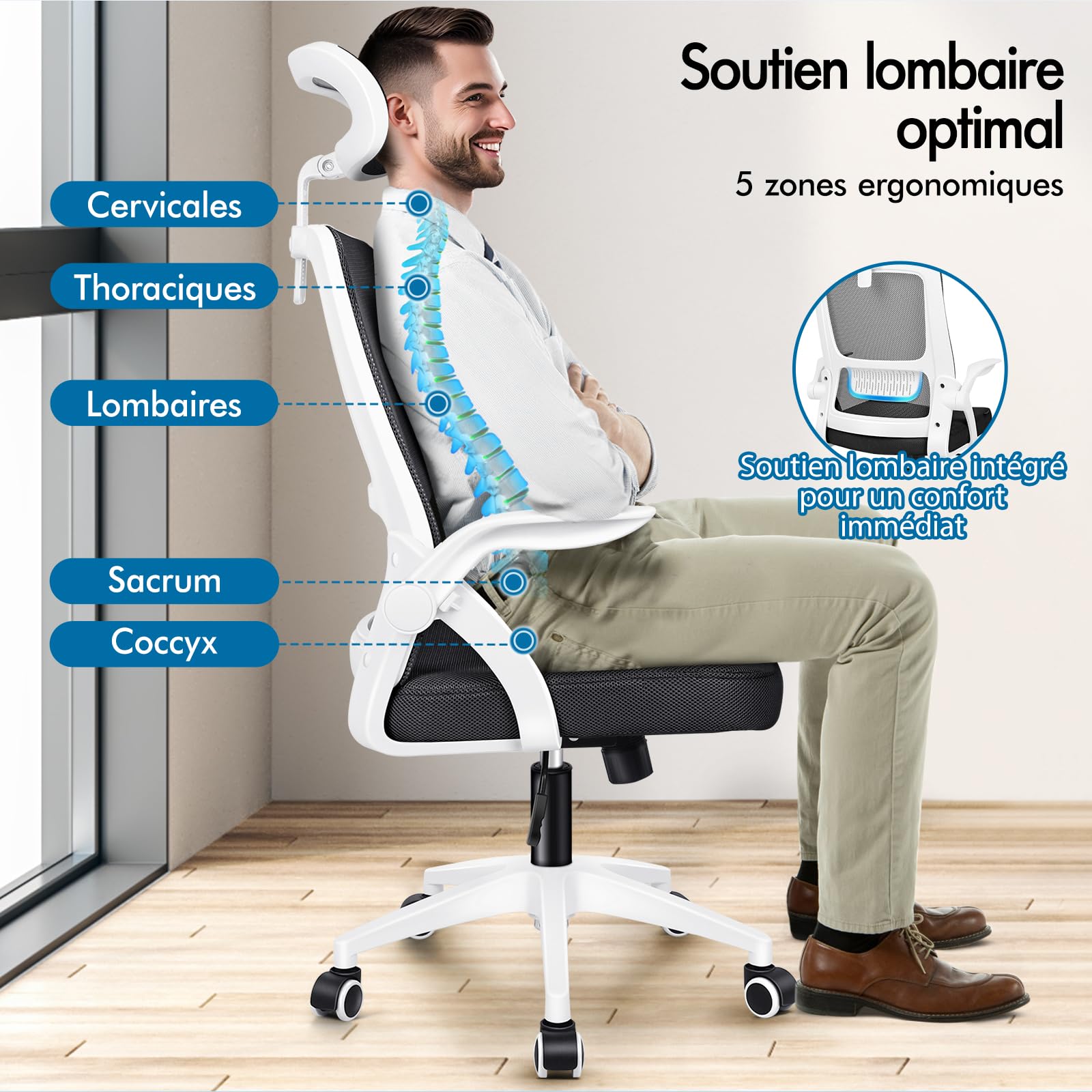 ALFORDSON Chaise de Bureau Ergonomique avec Support Lombaire Dynamique, Accoudoir Rabattable, Blanc
