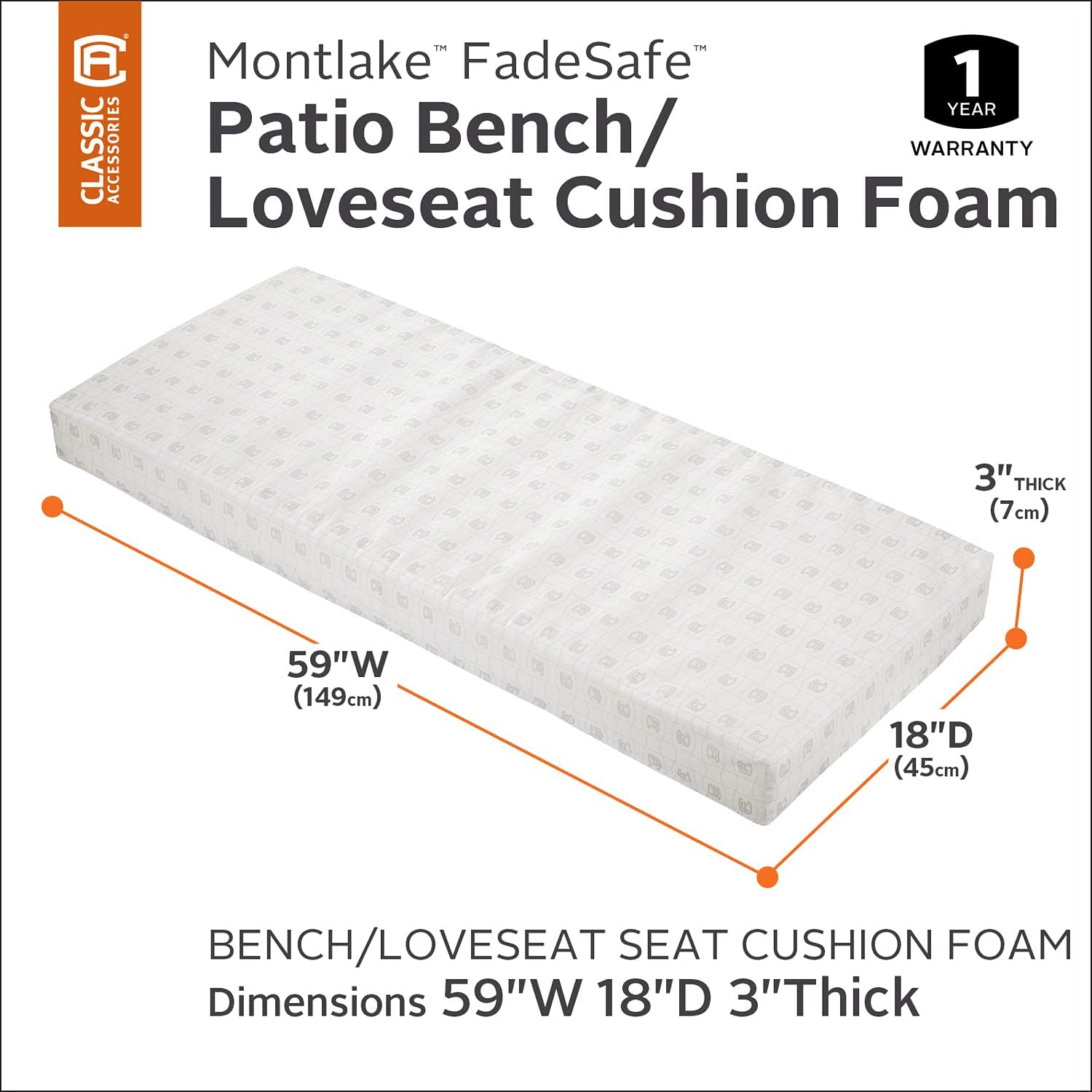 Classic Accessories 59 x 18 x 3 Inch Patio Bench/Settee Cushion Foam