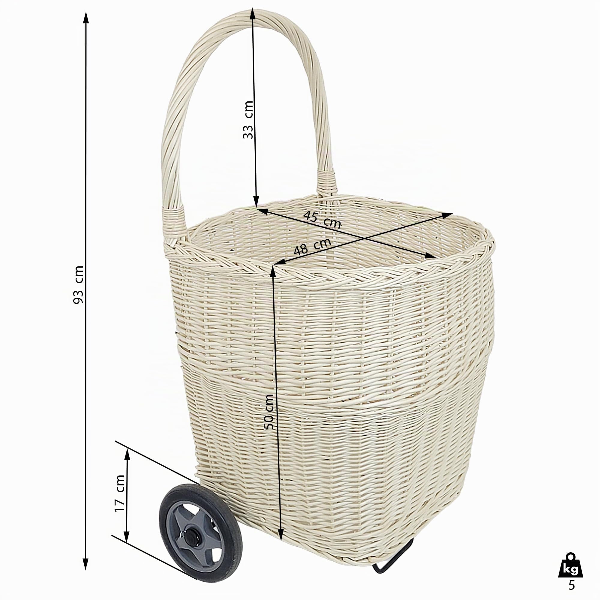 WEECO Grand panier à provisions en osier blanc - Chariot de transport avec roulettes de marché - Panier à bois - Grand chariot pour bois de cheminée - 93 x 50 x 48 cm