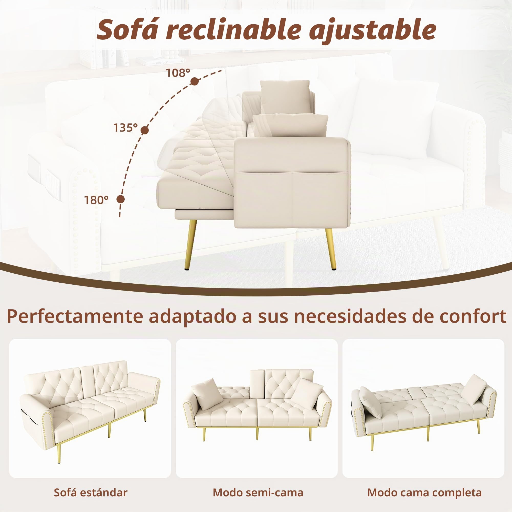 Azkoeesy Sofá Cama 2 plazas de 175 cm con 2 portavasos Plegables, 2 Almohadas, Patas de Metal Dorado/Remache, Respaldo Regulable, para salón, Tela de Terciopelo, Color Beige