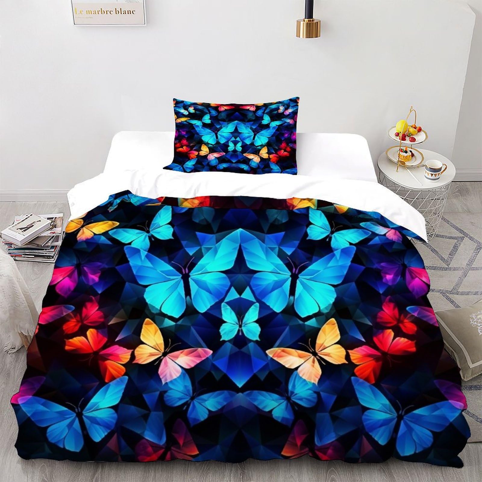 Housse de couette papillon psychédélique et taie d'oreiller lit simple en microfibre 135x200