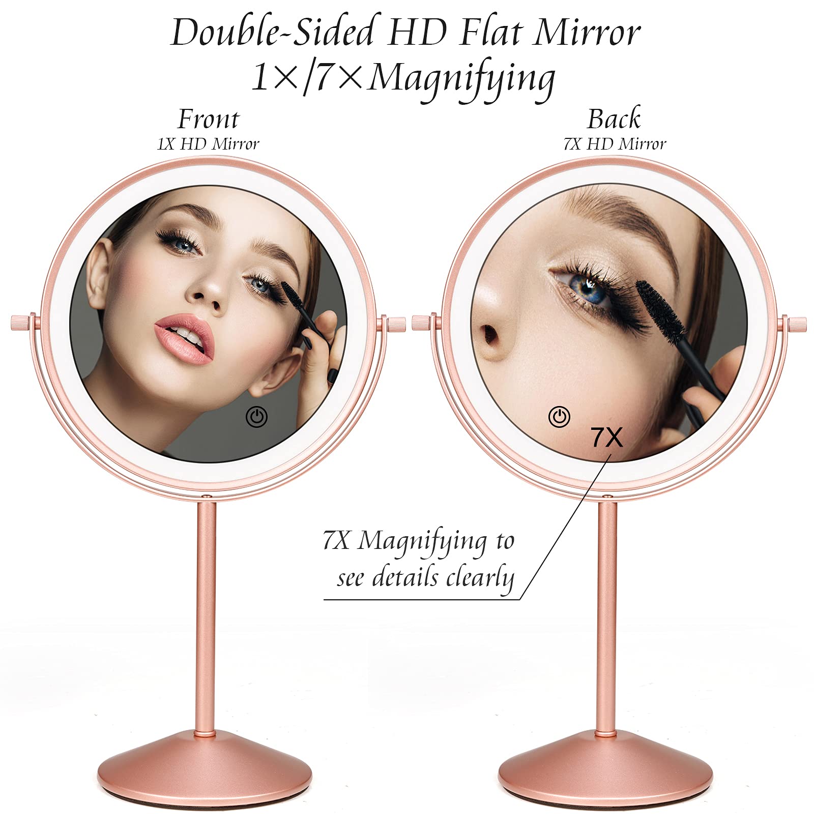 Specchio di Vanity LED Ingrandito 7x Ricaricabile USB Specchio per il Trucco Rotazione di 360 Gradi Specchio da Tavolo con Luminosità del Touch Screen Regolabile (Rose Gold)