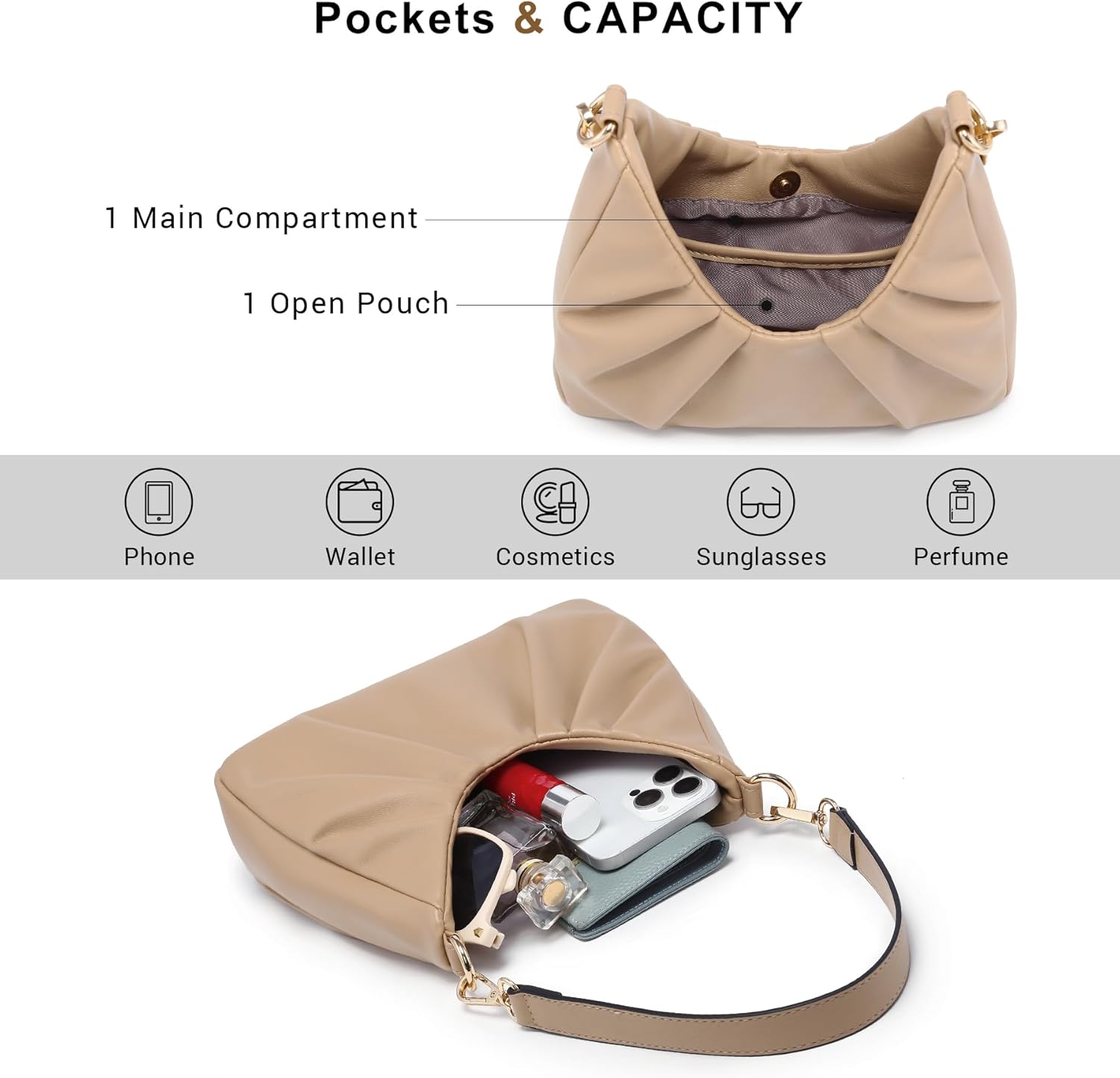 Dasein Ruched Hobo Handbag for Women Retro Shoulder Purse Crossbody Bag with 2 Removable Straps - Image 5