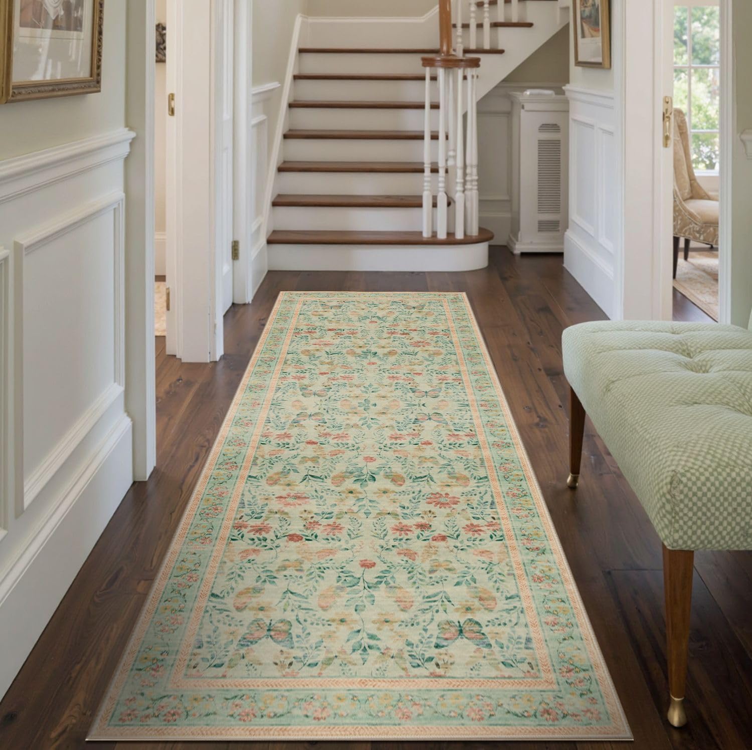 YJRBZ Tapis De Couloir Vert Foncé Pour Couloir, Tapis De Cuisine à Bordure Dorée Pour Hall D'entrée, Tapis De Sol Antidérapant Pour Entrée D'escalier 100 Cm 2 M 300 Cm 4 M