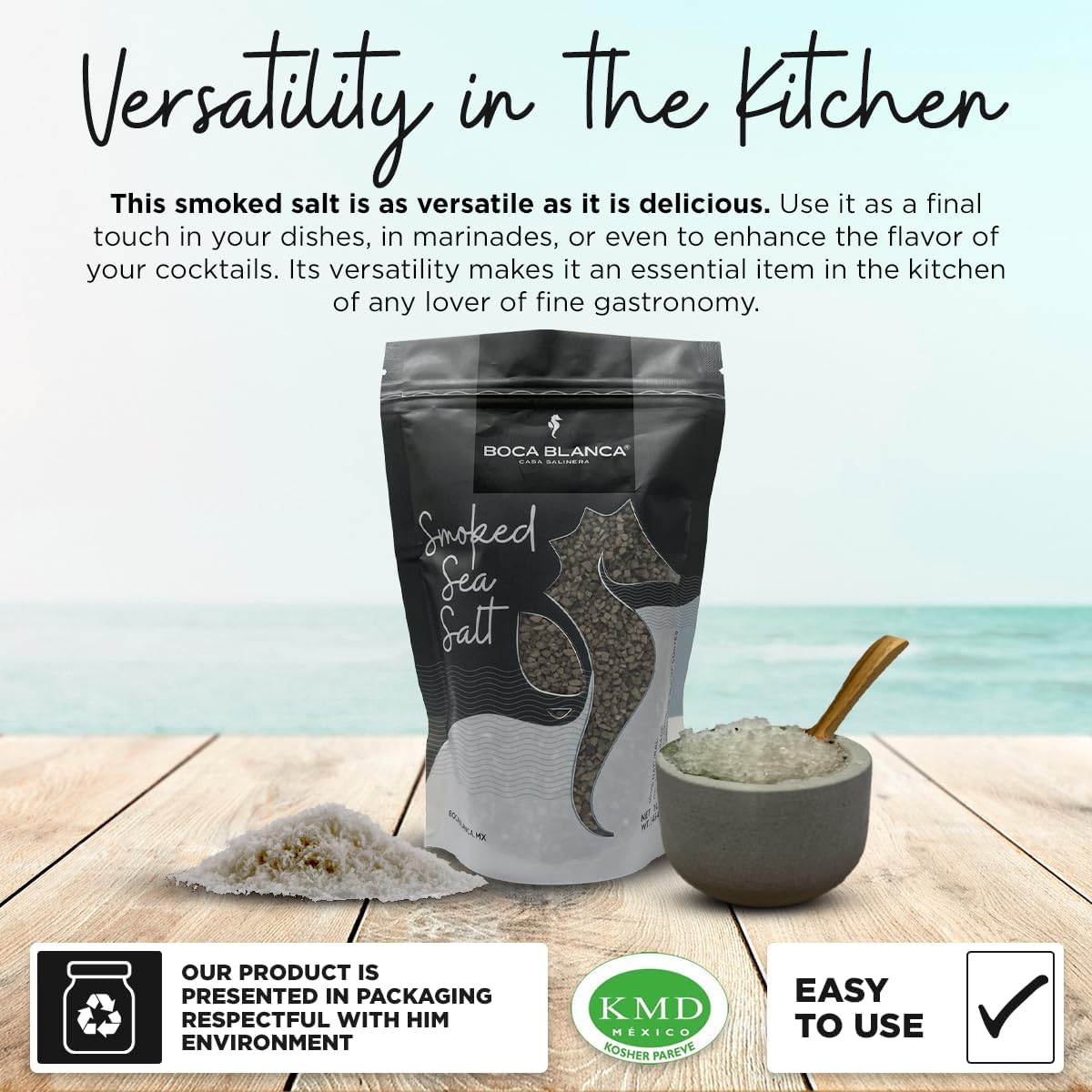BOCA BLANCA - Pure Smoked Sea Salt - Natural from the Sea of Cortés México - 1LB bag - chemical-free - certified Kosher - gourmet salt - ideal for grilling and seasoning - 100% unrefined sea salt