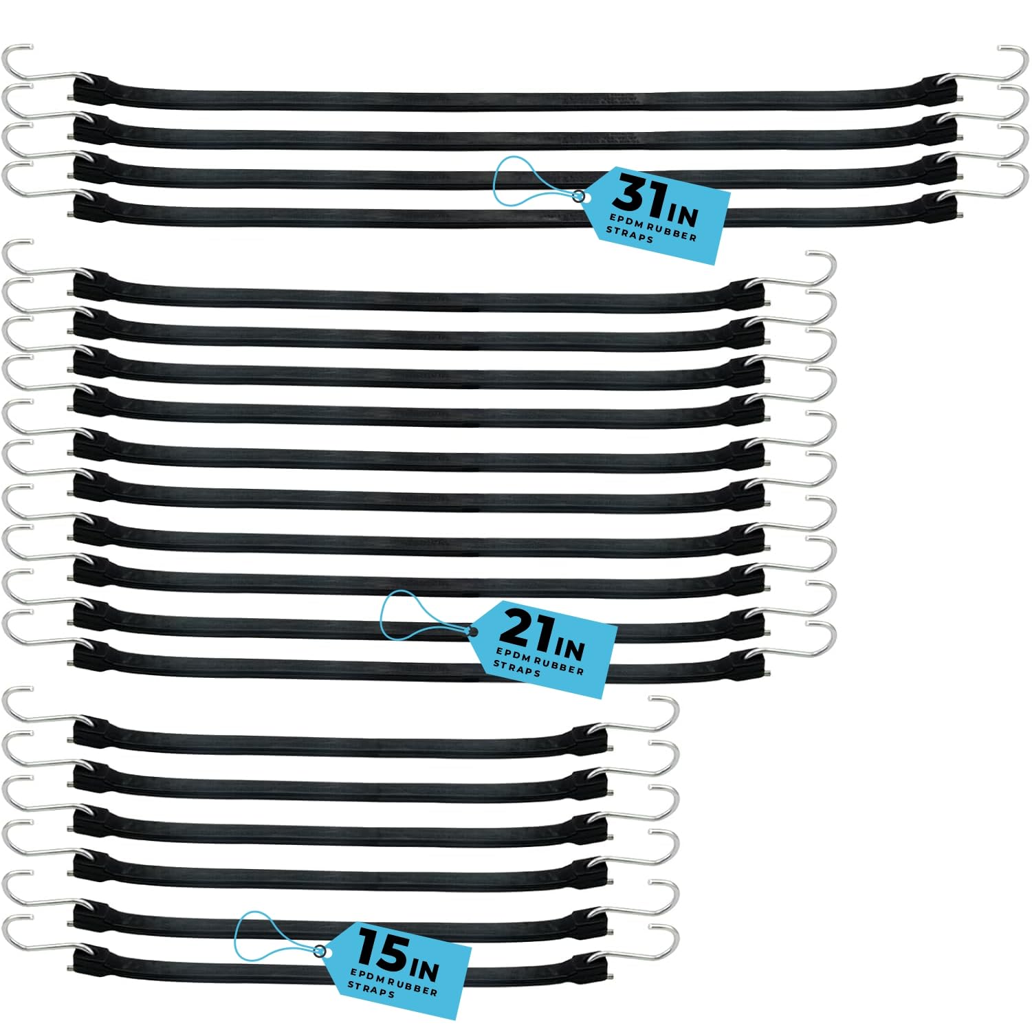 XSTRAP STANDARD Confezione da 20 cinghie elastiche in gomma naturale di diverse dimensioni, 100% EPDM, con ganci a S, resistenti, ideali per fissare teloni