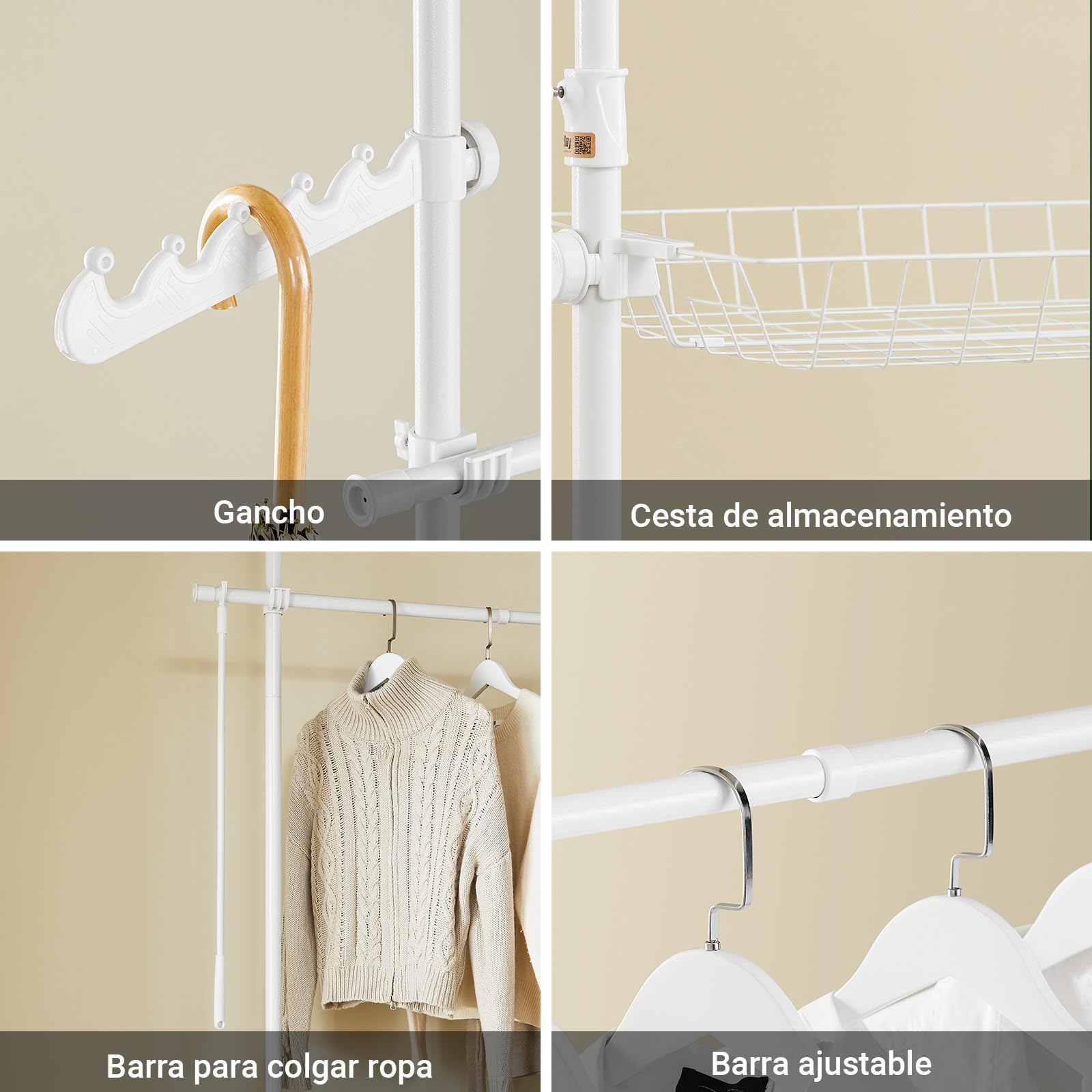 SoBuy Barra Telescópica Perchero Burro Ropa Resistente, Armario Abierto Ajustable con Barras y Estantes para Dormitorio y Vestidor, Blanco KLS04-II-W