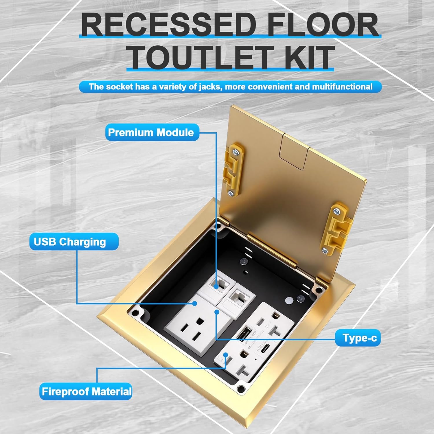 KYHSHJ Recessed Flat Hidden Socket Kit with 2 * 20A +1 * 15A Receptacle，4.8A 1 USB-A Ports &1 USB-C Port+2-Port RJ45 Datacom Receptacle. Internal Height Adjustable，UL Certified，Brass