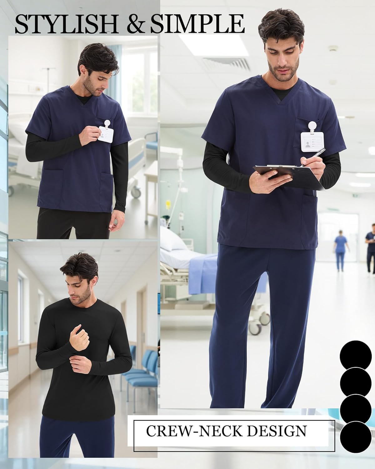 4 Pack Men's Big and Tall Underscrub Shirts Long Sleeve Crew Neck Scrub Undershirts Medical Basic Tops Layering Tee - Image 5