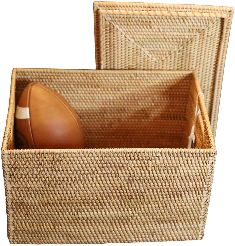 INBOM Rectangular Rattan Storage Basket - 18x13x12 Inches Wicker Storage Basket with Lid and Handles, Rattan Fern Handwoven Wicker Basket from Vietnam, Sturdy and Lightweight Rattan Decor