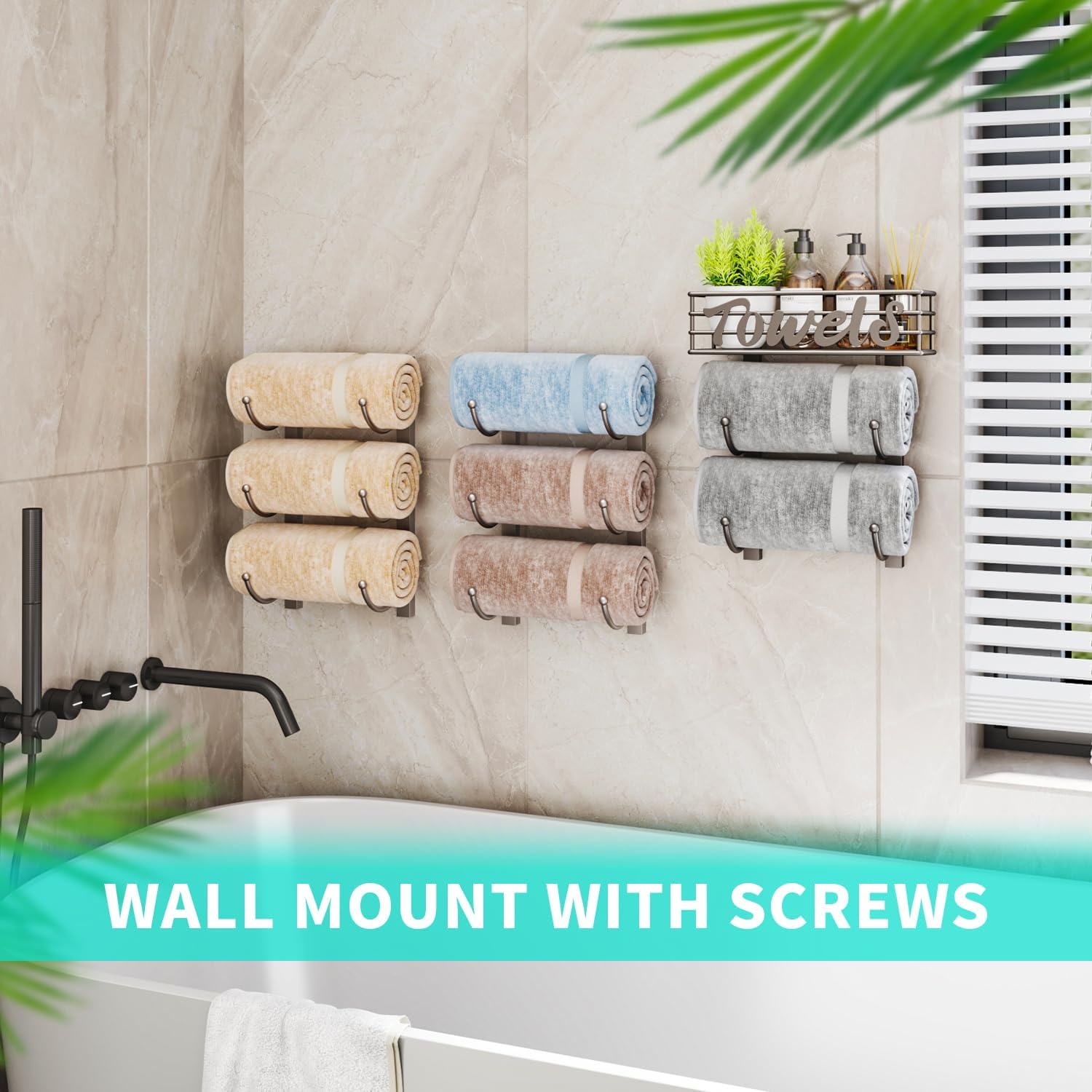HapiRm Towel Racks for Bathroom Storage - 9 Tier Over The Door & Wall Mount Rolled Towel Storage Organizer Holder with Metal Shelf Basket for Small Bathroom, Camper, Rv - Patented