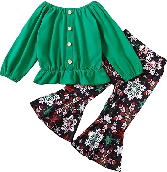 طفل صغير طفلة ملابس عيد الميلاد قميص طويل الأكمام أعلى Snowflake Plaid Bell سروال أسفل مجموعة عيد الميلاد 2 قطع