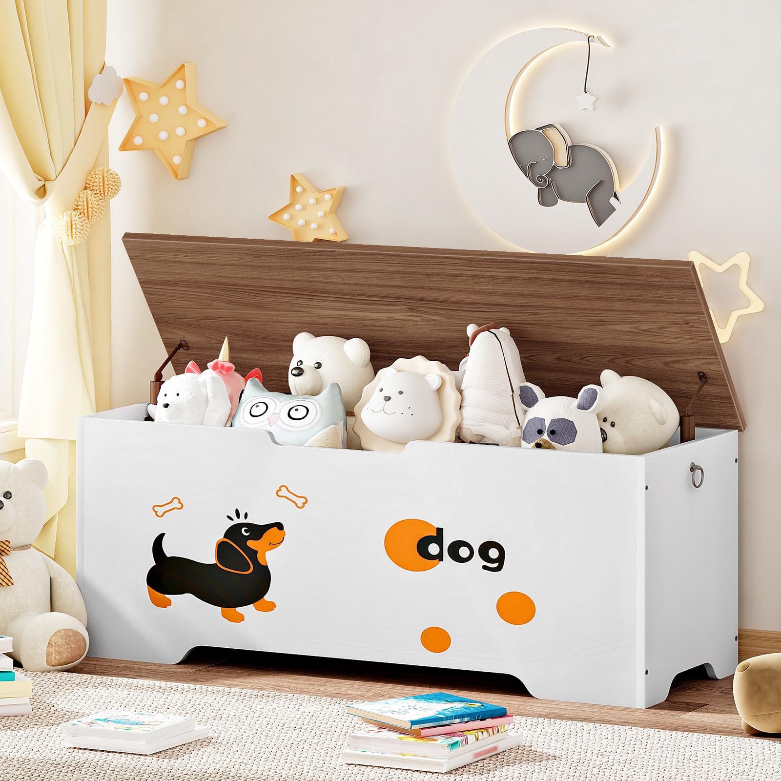 HOOBRO Cassapanca Bambini con Motivo Cane, Baule Giocattoli con 2 Maniglie Sicurezza, 110 x 40 x 49,4 cm, Panca Contenitore Stile Rustico Ingresso, Camera Letto, Soggiorno, Bianco e Noce EWH495CW01