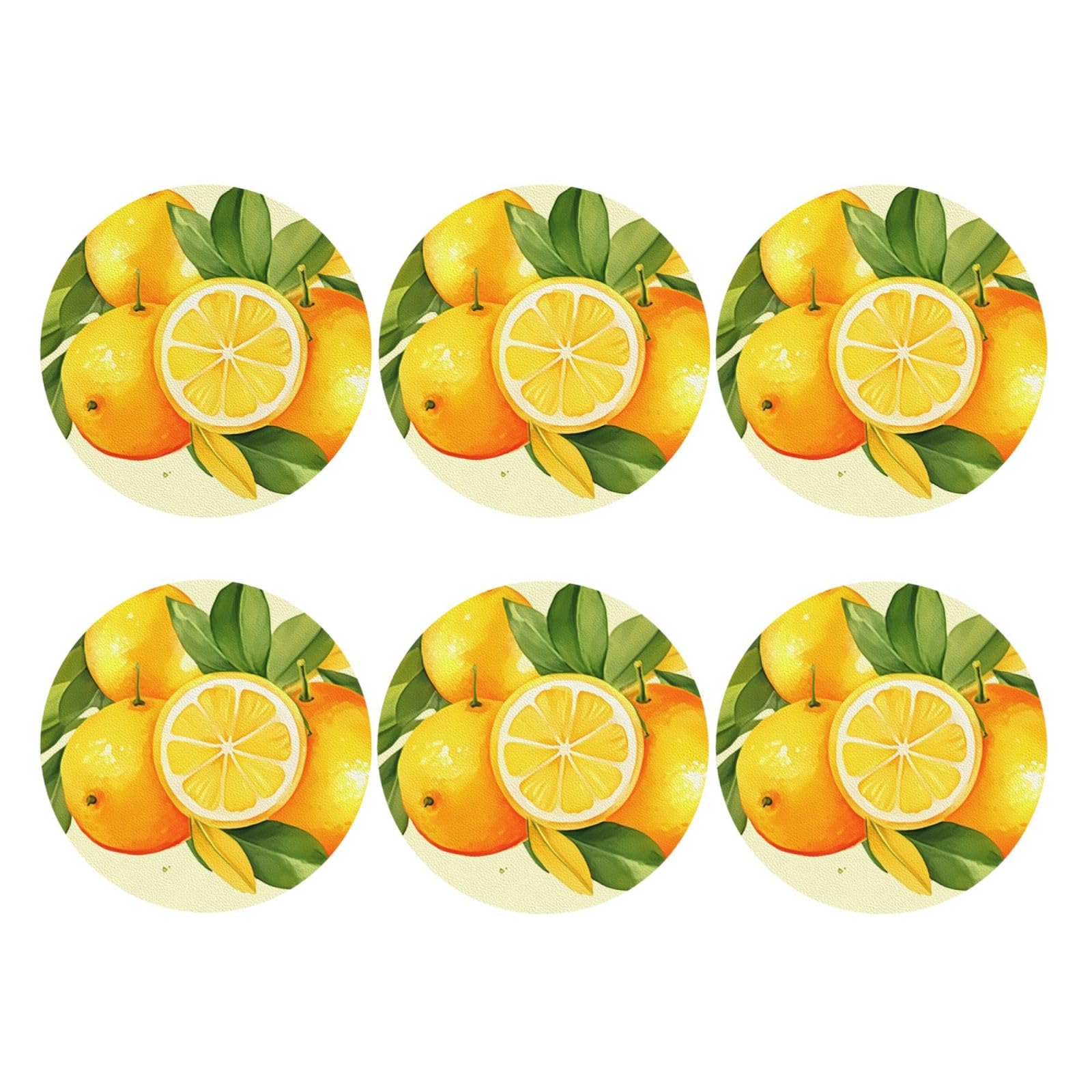 6pcs Leather Coasters for Drinks, Watercolor Lemon Fruit Drink Coasters for Tabletop Protection, 4" Cup Coasters for Coffee Table Decor, Non-Slip Drinking Cup Mat for Hot Or Cold Drink