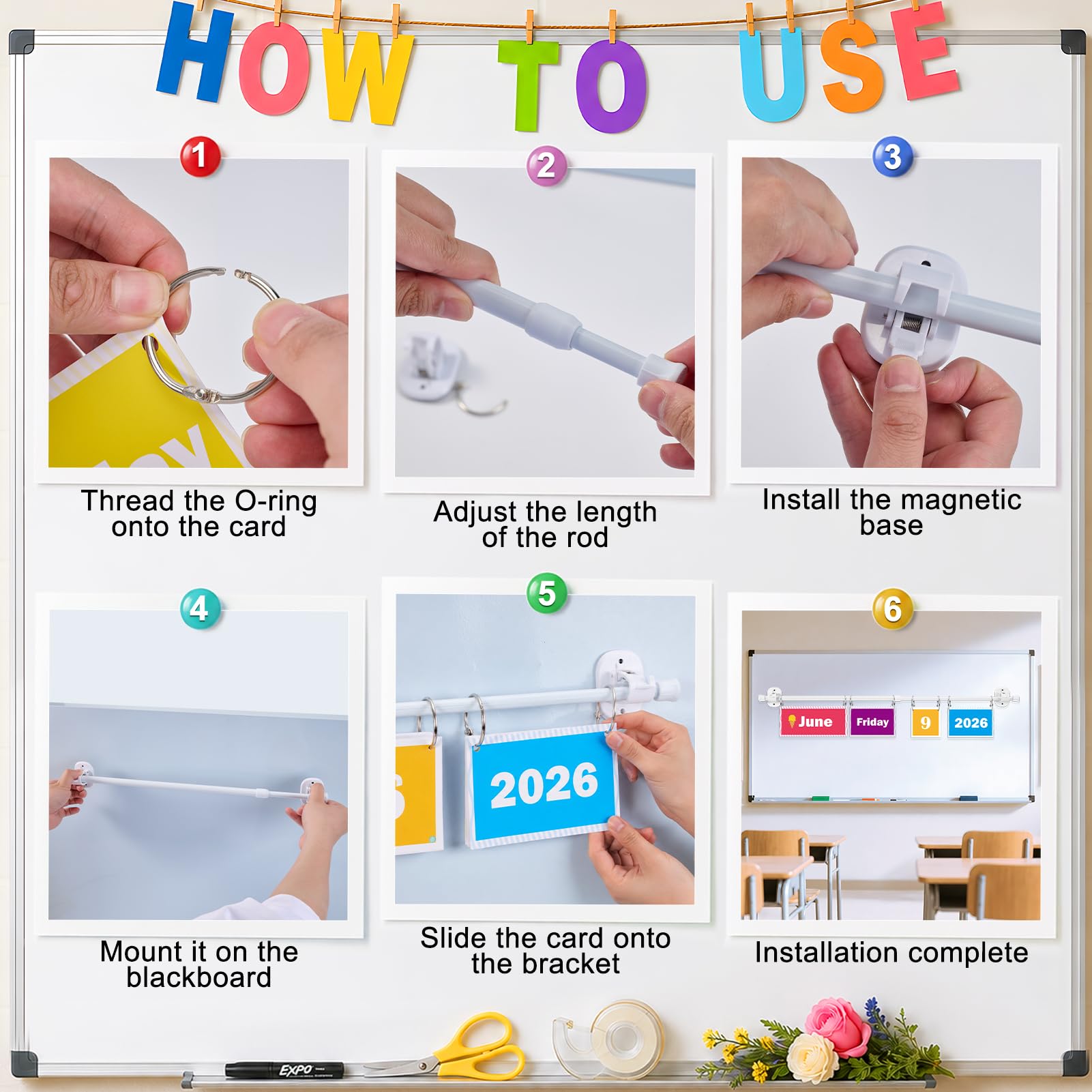 Magnetischer Stab Flip-Kalender für Klassenzimmer, bunte Kalender, Datumskarten mit verstellbarem Stab, Klassenzimmer Flip-Kalender, Pinnwand-Set für Whiteboard und Schulanfang