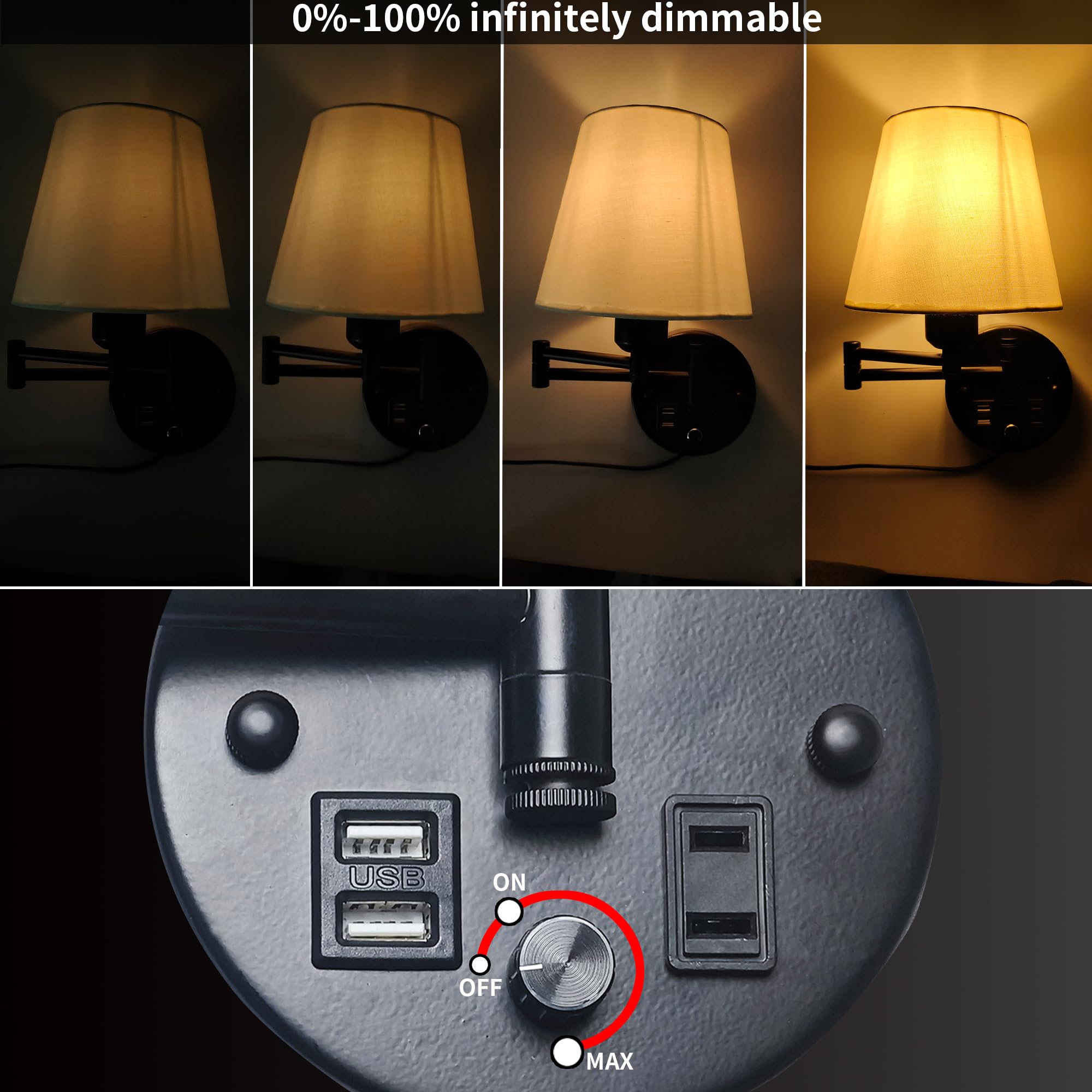 Plug in Wall Light for Bedroom with USB Socket,E27 Base Dimmable Bedside Wall Lamp with Cord and Switch,Black Wall Sconce White Linen Fabric Shade for Reading Lounge Cloakroom(Bulb not included) - Image 2