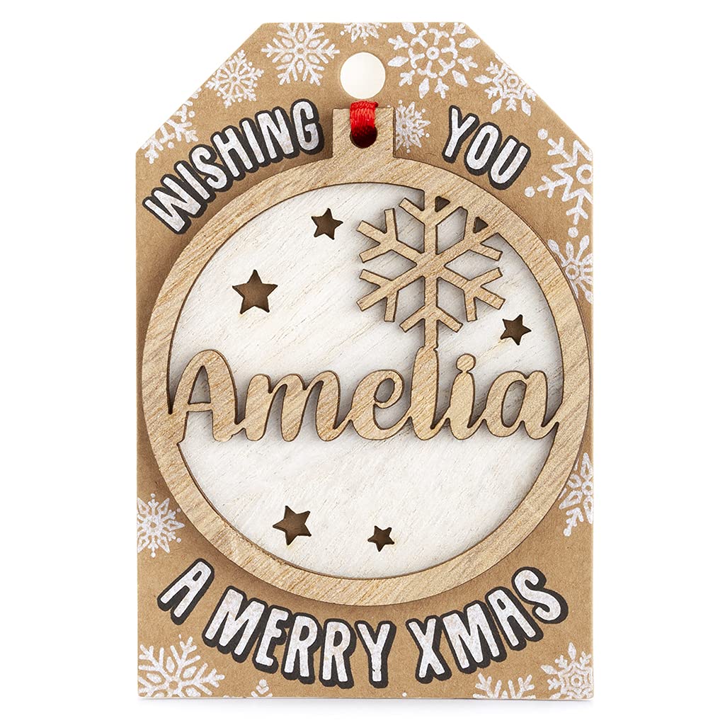 Personalised Wooden Amelia Name White Hanging Christmas Tree Bauble Decoration