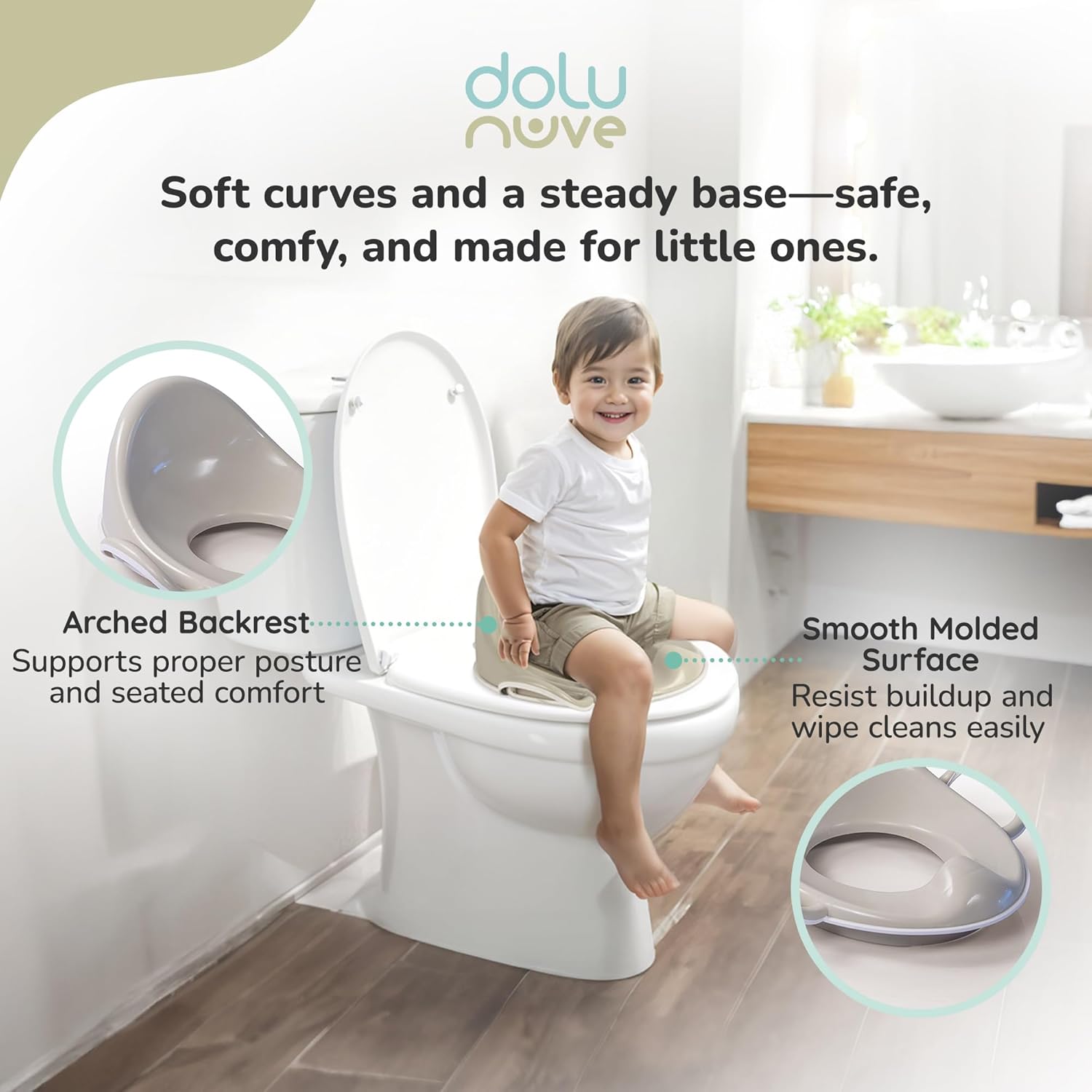 Dolu Nuve Toddler Toilet Training Seat Insert with High-Arched Backrest, Slide Handles and Easy to Clean, for Children 18+ and Older, Beige
