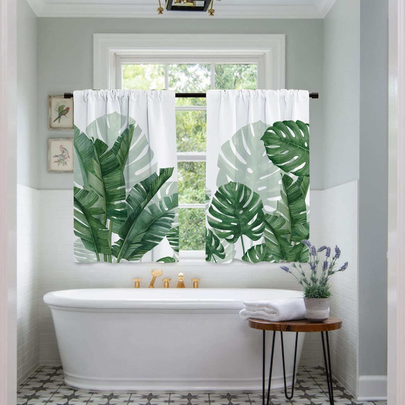 Baccessor Leaf Curtains Blackout Window Curtains Small Tropical Green Plant Banana Monstera Kitchen Curtains Rod Pocket Living Room Bedroom Window Drape Treatment Fabric 2 Panels 27.5 x 39 Inch