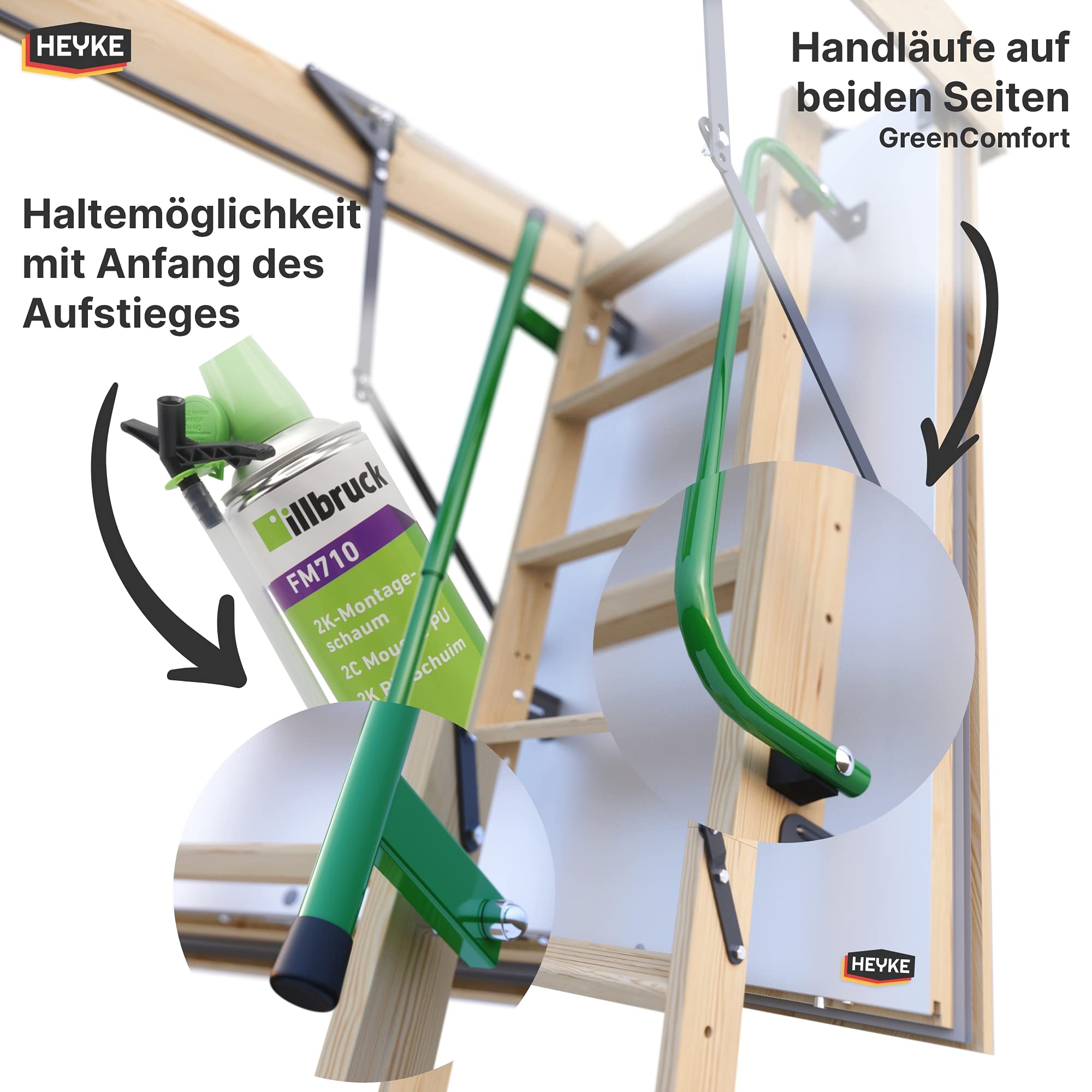 Pro-Passiv HEYKE W1 Bodentreppe mit Zwei Handläufe + Isolierschaum + 3 Dichtungen | U-Wert 0,36 W/M2*K | Luftdichtheitsklasse 4 | Assistenz-Federmechanismus | Möbelqualität | Spart Energiekosten