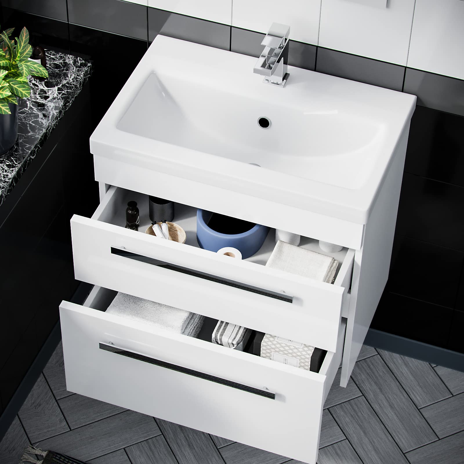 Nanuya 500mm Wall Hung Bathroom Vanity Unit - White Gloss, 2 Soft-Close Drawers, Ceramic Basin