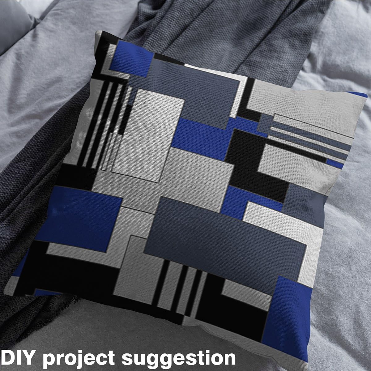Blue Grey Black Geometric Fabric by The Yard 2 Yards Kids Soft Flannel Decorative Fabric for Chairs Sofa Couch Modern Abstract Upholstery Fabric Square Rectangle DIY Reupholstery Fabric