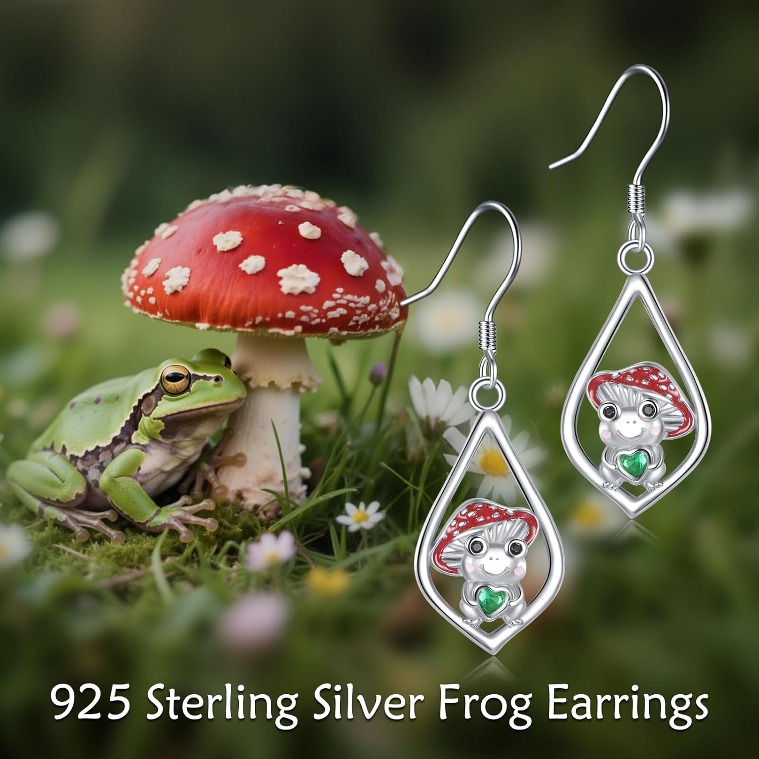 Frog Earrings 925 Sterling Silver Mushroom Dangle Drop Earrings Cute Frog Mushroom Jewelry for Women - Image 6