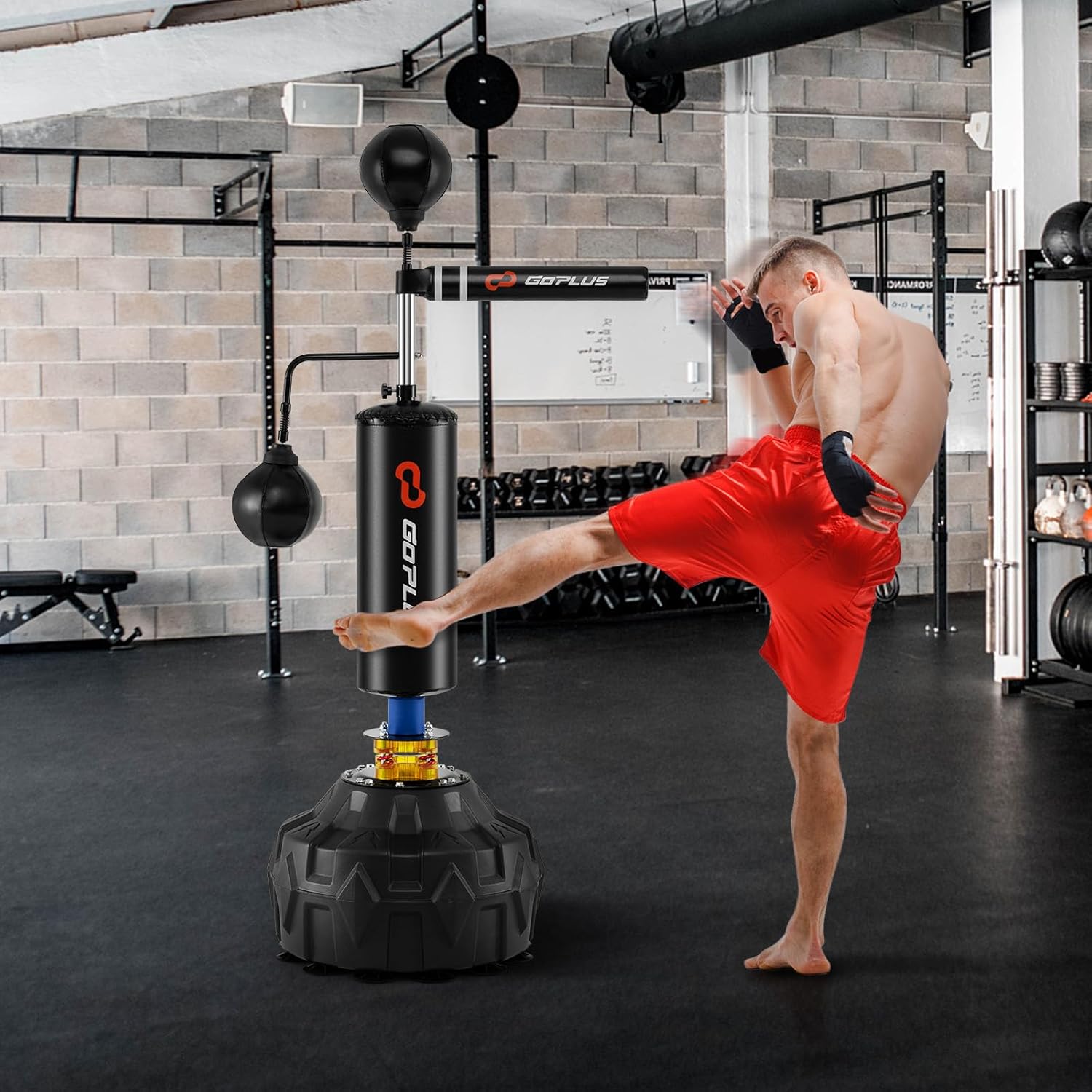 Goplus Boxing Speed Trainer, Freestanding Punching Bag 360° Spinning Bar with 2 Reflex Speed Balls, Shock Absorbers, Fillable Base, Height Adjustable Boxing Training Equipment for Teens Adults