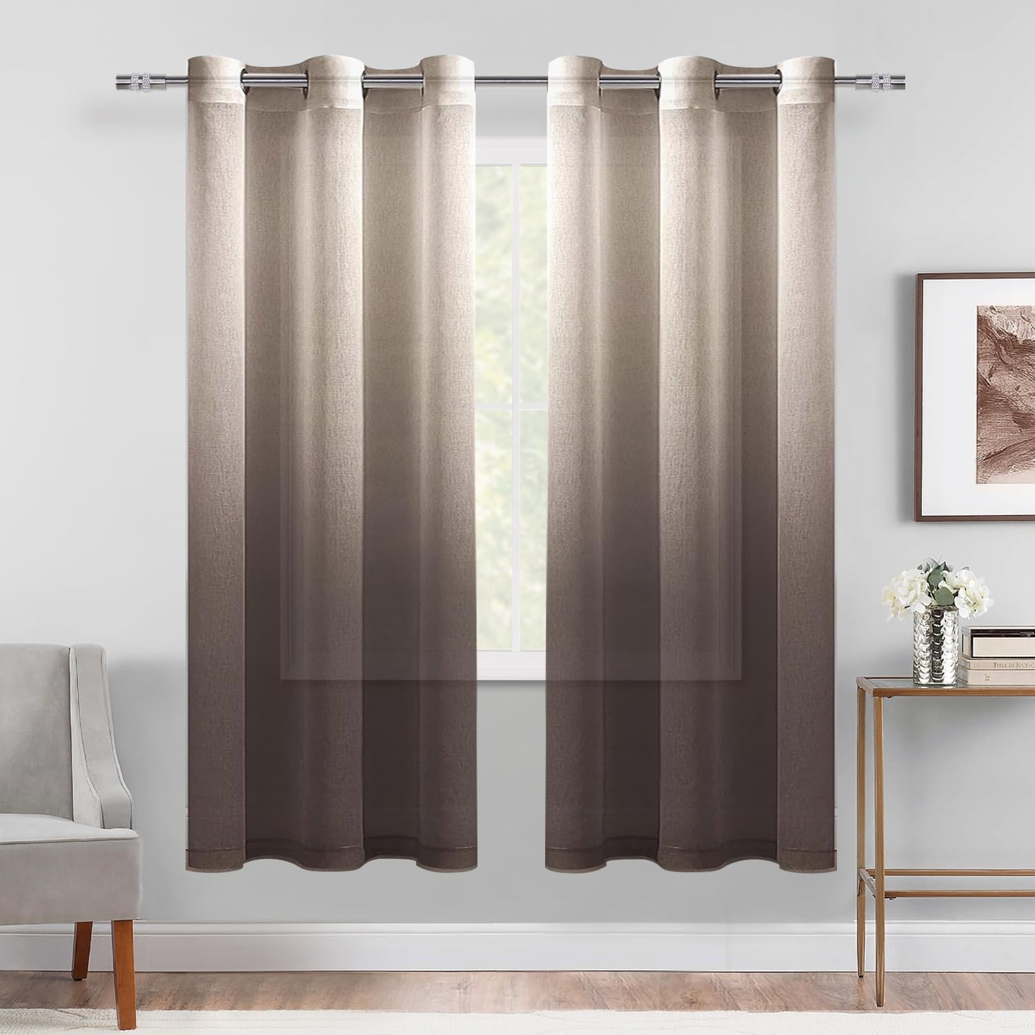 DWCN Ombre Sheer Curtains - Faux Linen Gradient Semi Voile Grommet Top Drapes Bedroom and Living Room Curtains, Set of 2 Window Curtain Panels, 42 x
