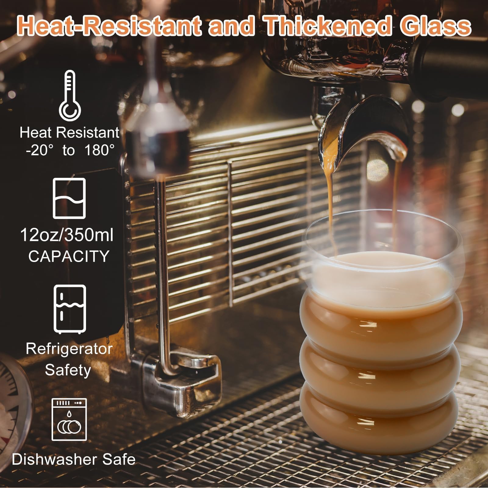 350ml Bicchieri Della Bolla con la Paglia,Set di bicchieri a Coste 4pcs,bicchieri Dell'Onda Tumbler di Vetro,Bicchieri Dell'Acqua per Il Latte Macchiato Caffè Freddo Whisky Cocktail Caffè Soda (B)