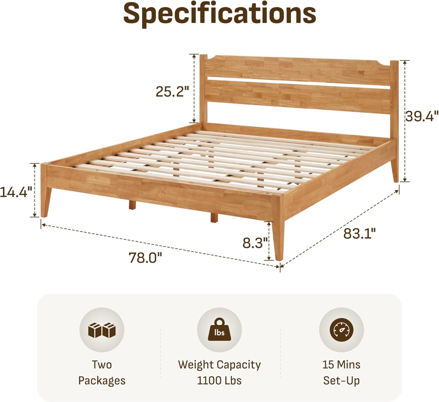 Softa King Solid Wood Bed Frame with Headboard, 1100 Lbs Heavy Duty Rubberwood Platform Bed, 15-Min Tool-Free Assembly, Quiet Stable Support, Japanese Japandi Design, No Box Spring Needed