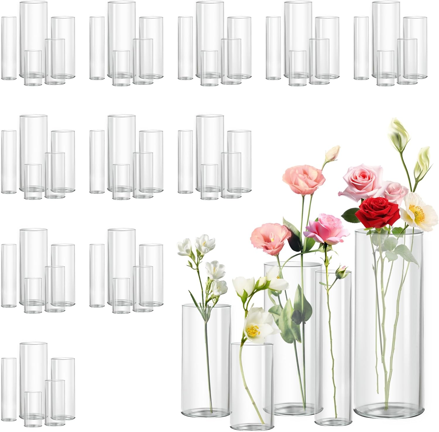 60pcs Cylinder Glass Vase for Centerpieces, 4,6,7.5,8,10 inch Tall Clear Flower Vase Bulk Floating Candle Holder for Wedding Table Home Décor and Party 4+6+7.5+8+10inch 60
