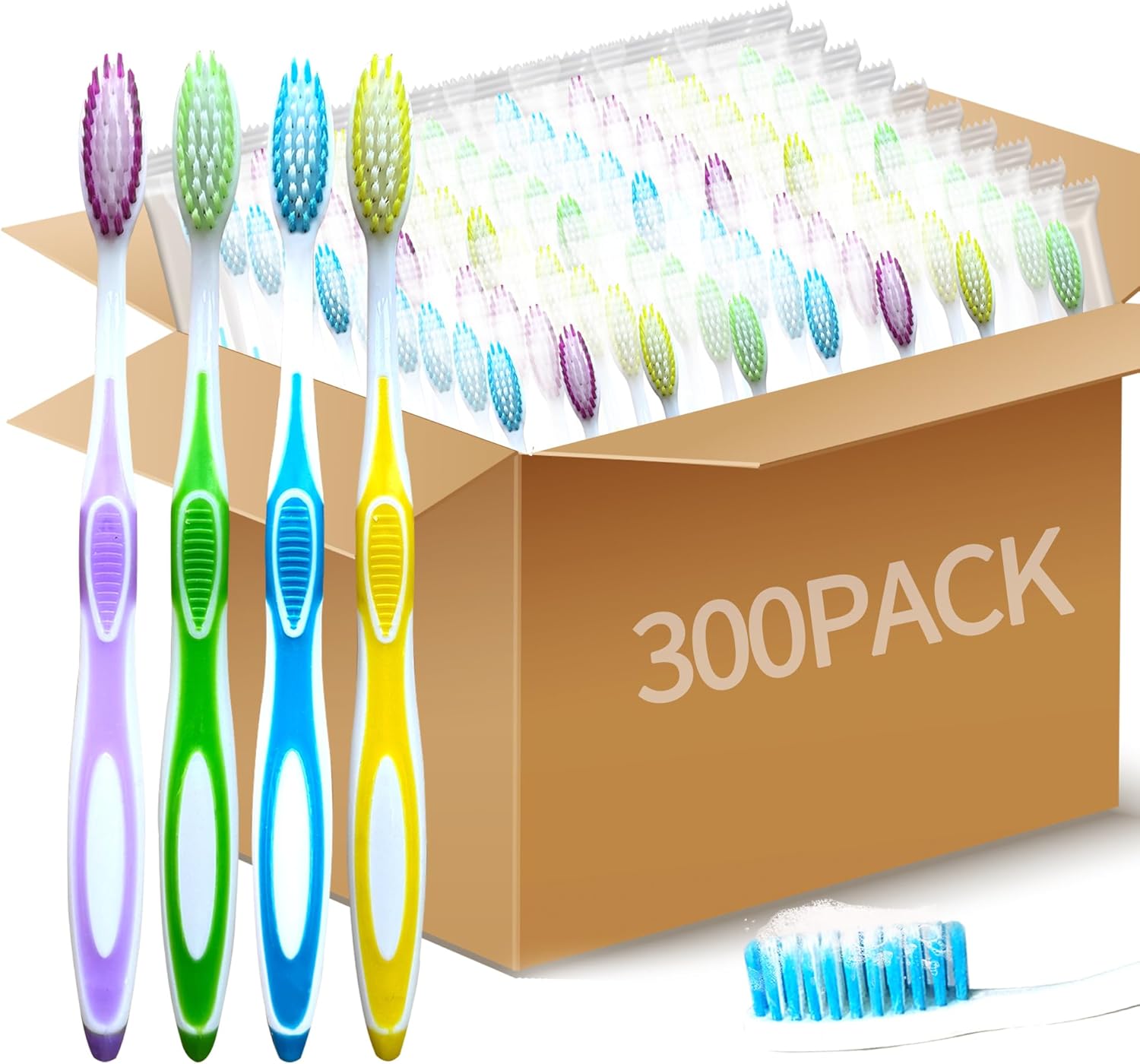 300 Pcs Prepasted Disposable Toothbrushes Bulk Individually Wrapped Soft Bristle Plastic Colorful for Home Travel Hotel Homeless Donation Charity, 4 Colors (Color Set 1)