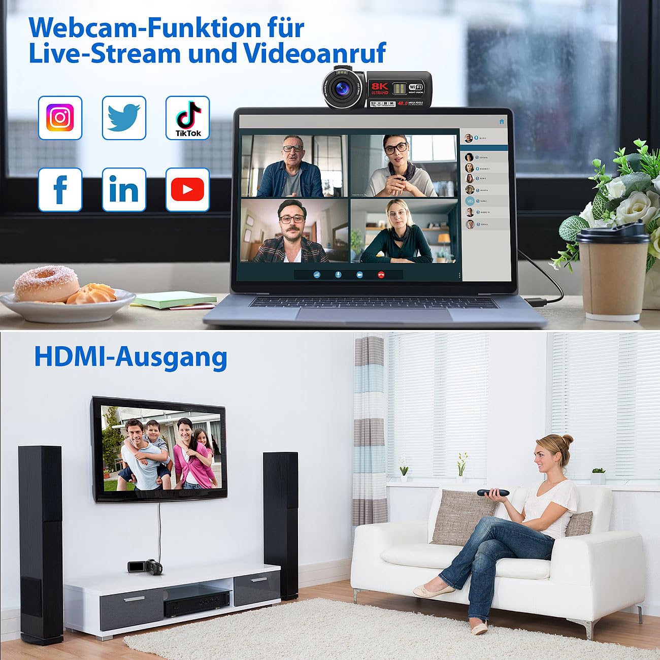 Somikon Videokamera: 8K-UHD-WLAN-Camcorder, IPS-Touchdisplay, 48 MP, 18-facher Zoom, App (8K Kamera, Videocamera, Nachtsichtgerät)