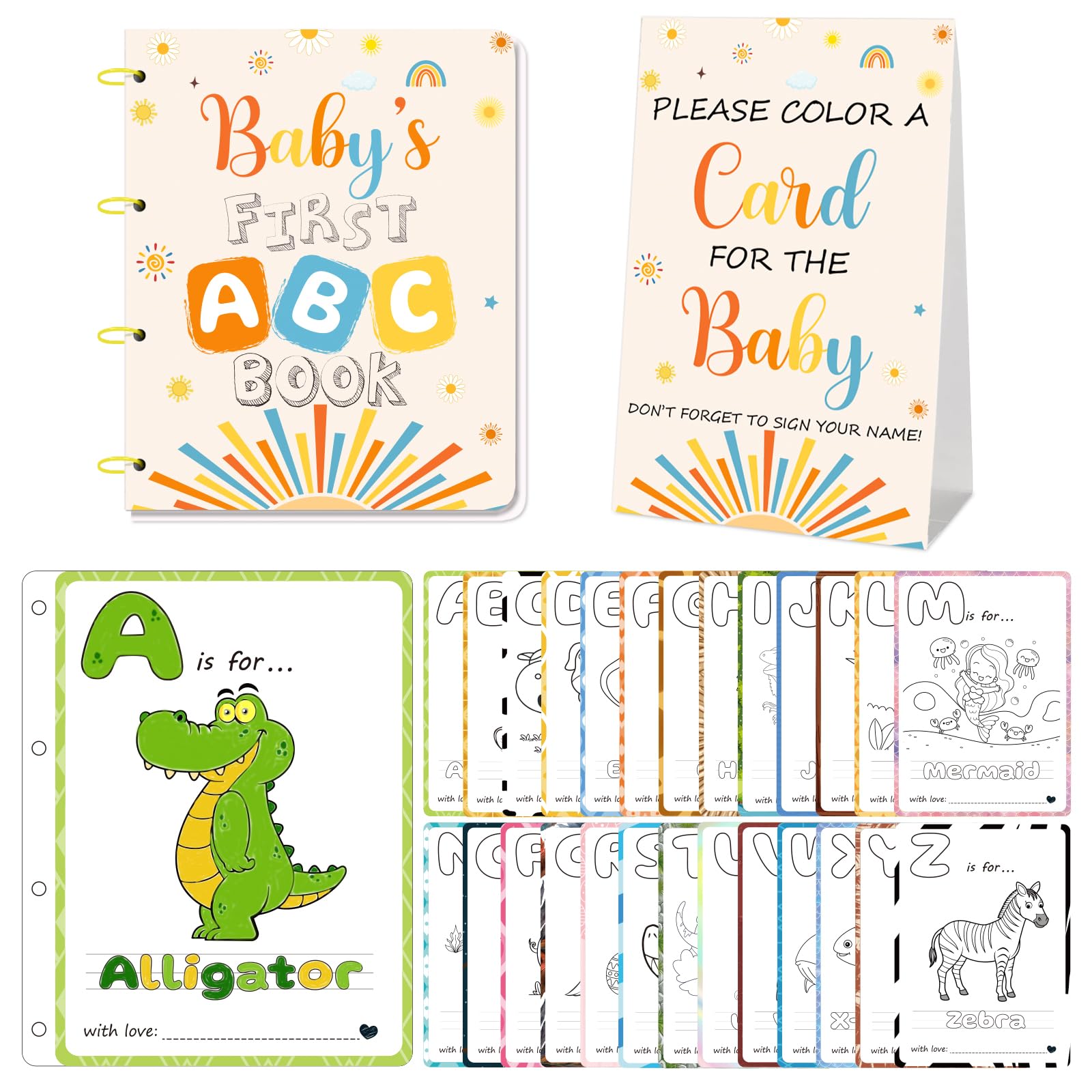 Jeu d'activité de fête prénatale avec abécédaire animaux à colorier entre proches