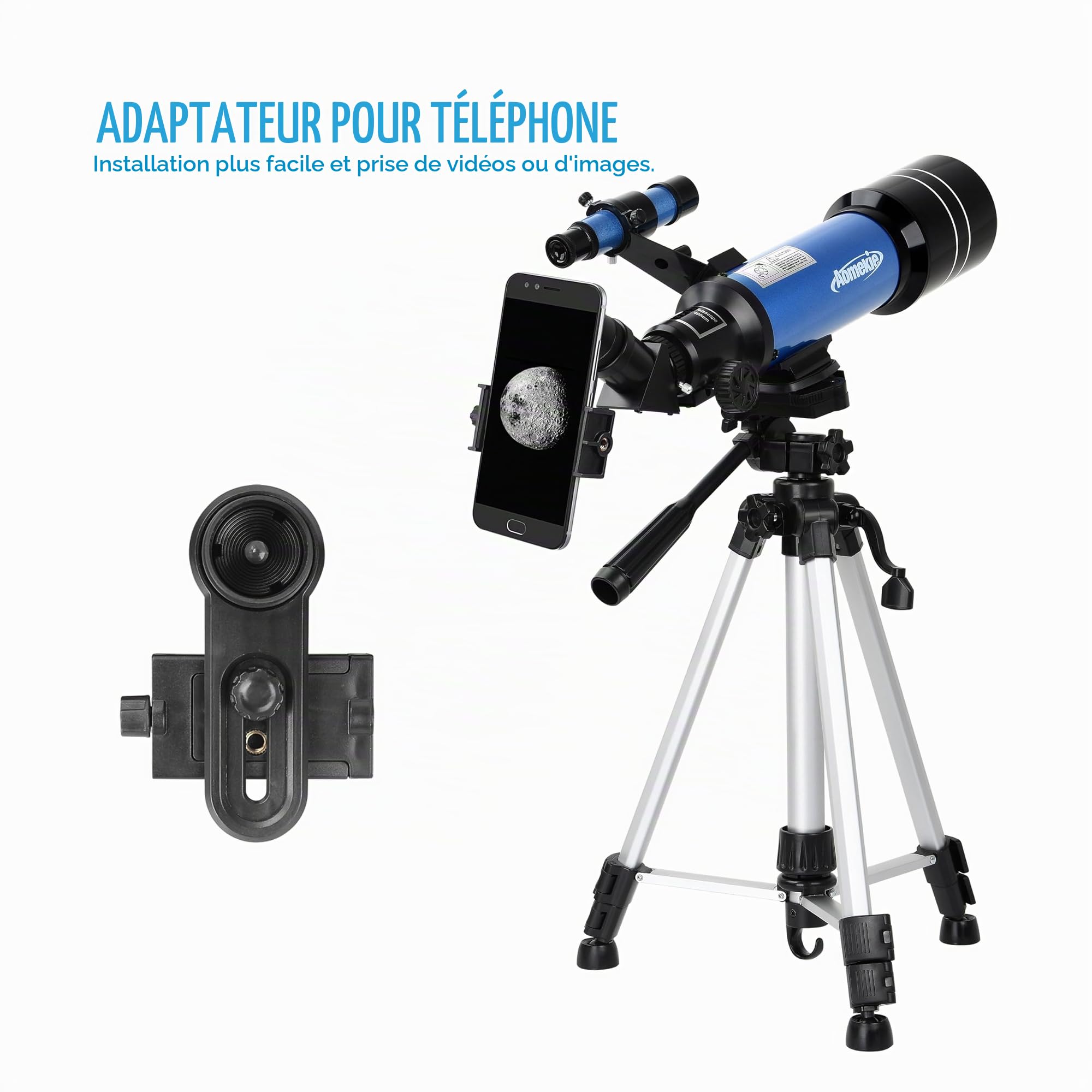 Aomekie Télescope Astronomique Adulte 400/70mm Lunette Astronomique Réfracteur avec Adaptateur de Téléphone Trépied Ajustable et Chercheur pour Débutants
