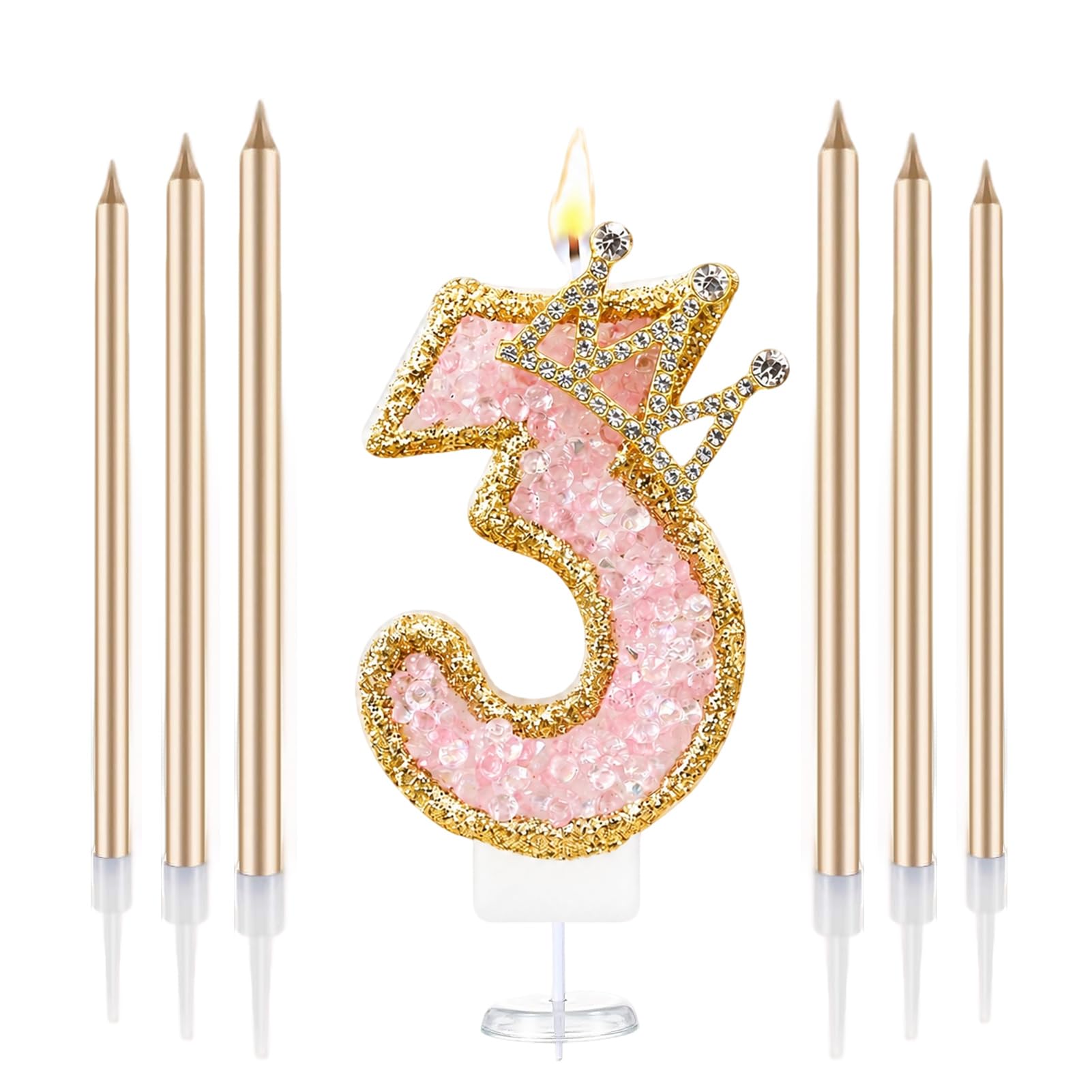 Crown Number Birthday Candles, Glitter Pink Gold Birthday Candle with 6 Pcs Long Candles, Stylish Princess Themed Cake Topper for Girls Birthday Party Supplies (3 Candle)